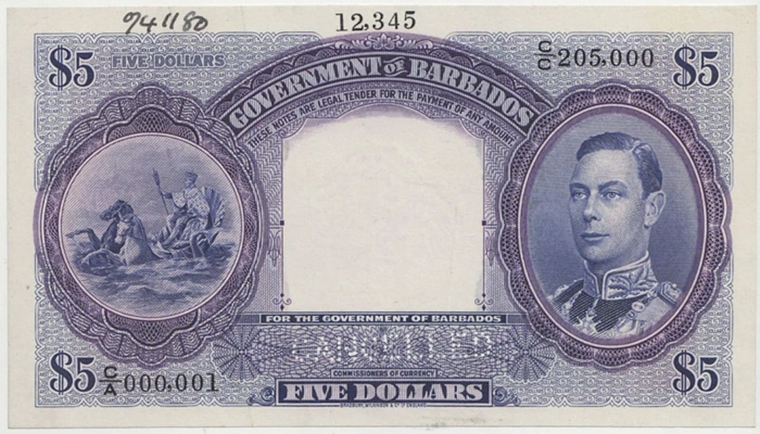 BARBADOS 'SPECIMEN' $5 (1939), ABOUT EXTREMELY FINE (1 of 2)