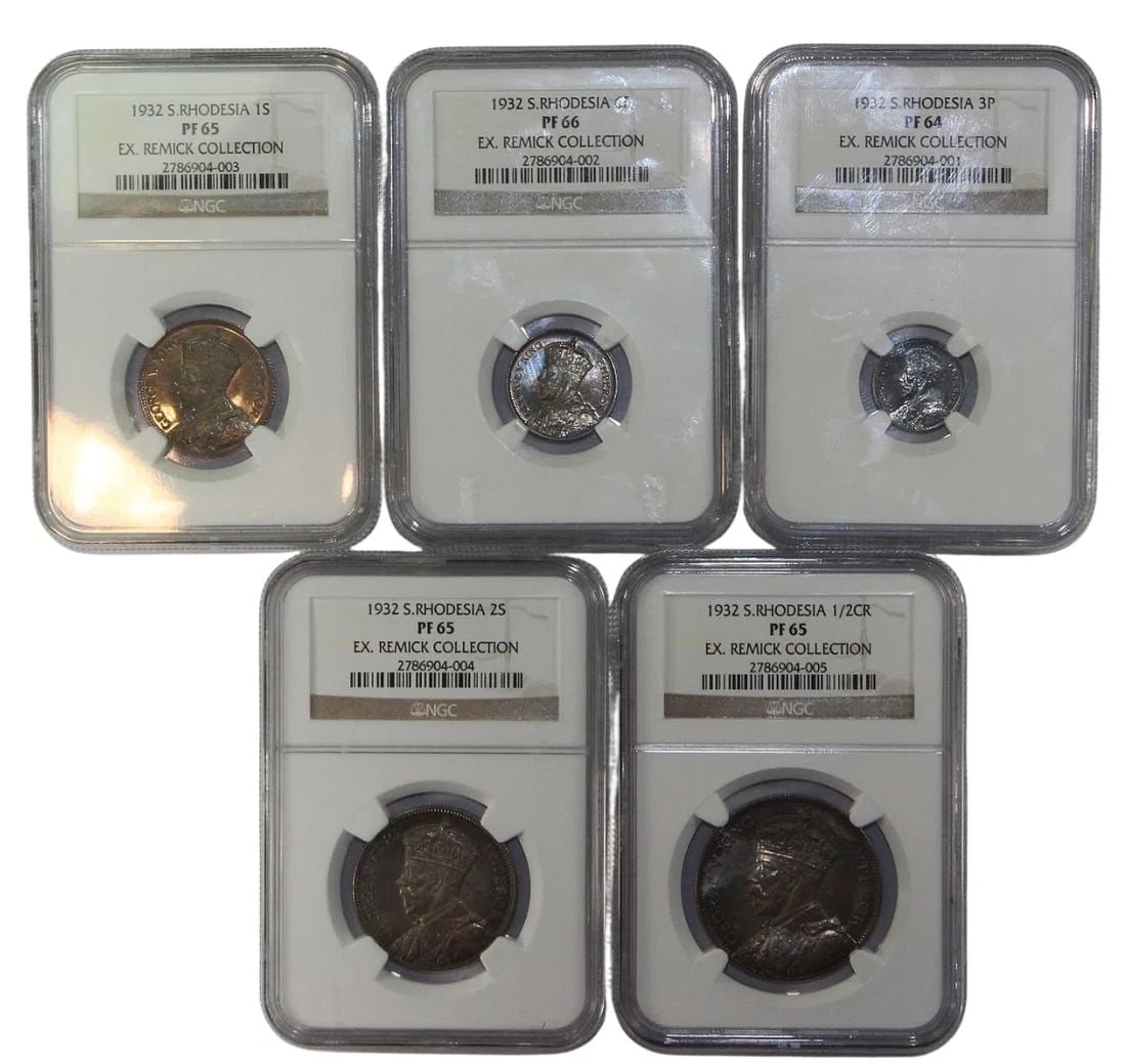 SOUTHERN RHODESIA 1932 SILVER (925) PROOF SET FDC (5 COINS): Southern Rhodesia 1932 Silver (925) Proof Set FDC (5 coins)