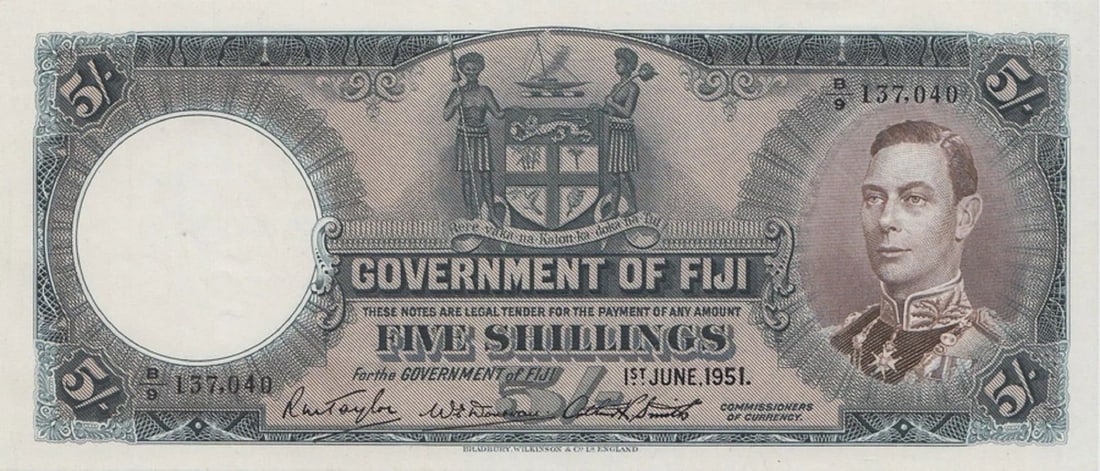 FIJI '1ST JUNE 1951' FIVE SHILLINGS, UNCIRCULATED OPQ: Pick# 37k : Serial# B/9 137,040ConditionO(riginal) P(aper) Q(uality)MediumCoins, Monies & Stamps
