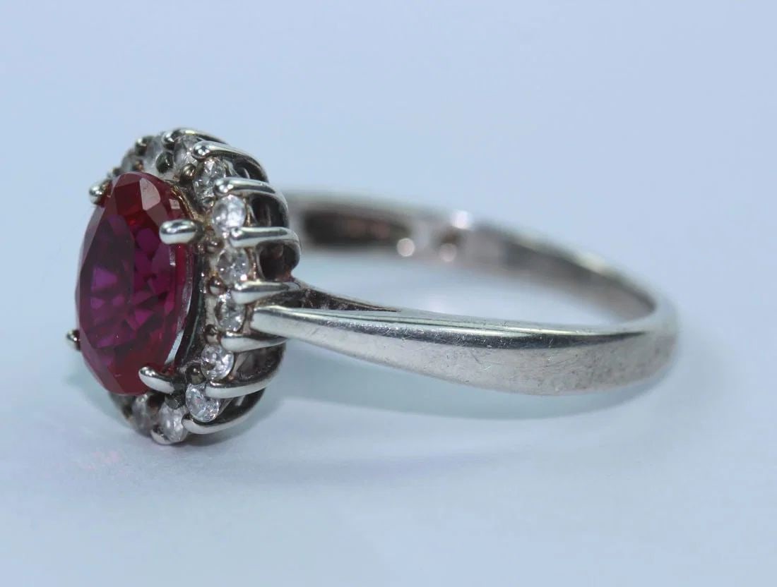 STERLING (925) SILVER RING WITH SIMULATED RUBY & DIAMONDS - 2
