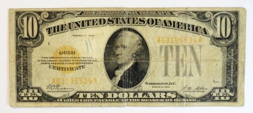 1928 $10 GOLD CERTIFICATE, CIRCULATED: 1928 $10 GOLD CERTIFICATE, CIRCULATED