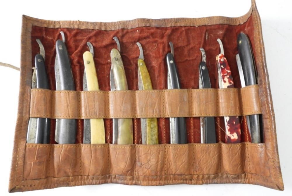 VINTAGE STRAIGHT RAZOR CASE W/ 9 RAZORS: VINTAGE STRAIGHT RAZOR CASE W/ 9 RAZORS