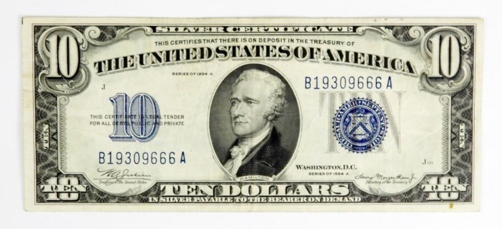 1934-A $10 US SILVER CERTIFICATE BLUE SEAL: 1934-A $10 US SILVER CERTIFICATE BLUE SEAL