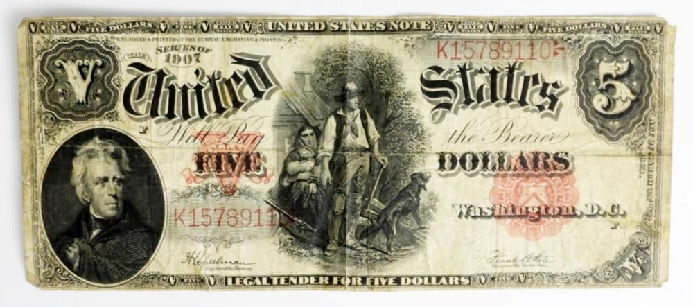 1907 US $5 WOODCHOPPER NOTE CIRC: 1907 US $5 WOODCHOPPER NOTE CIRC
