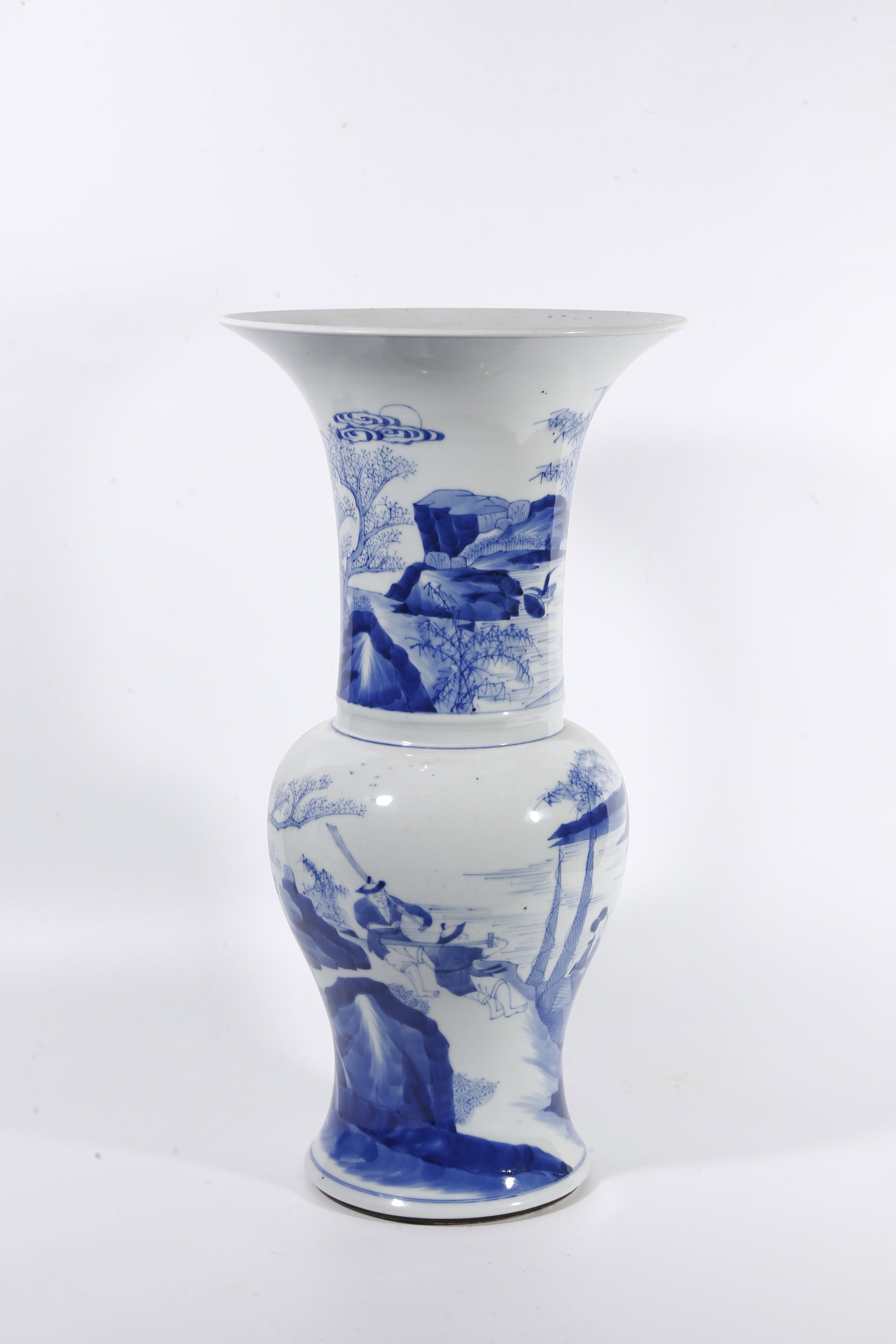 A BLUE AND WHITE PHOENIX?TAIL ZUN WITH FIGURE STORY MOTIF: Blue and white phoenix?tail zun with figure story motif