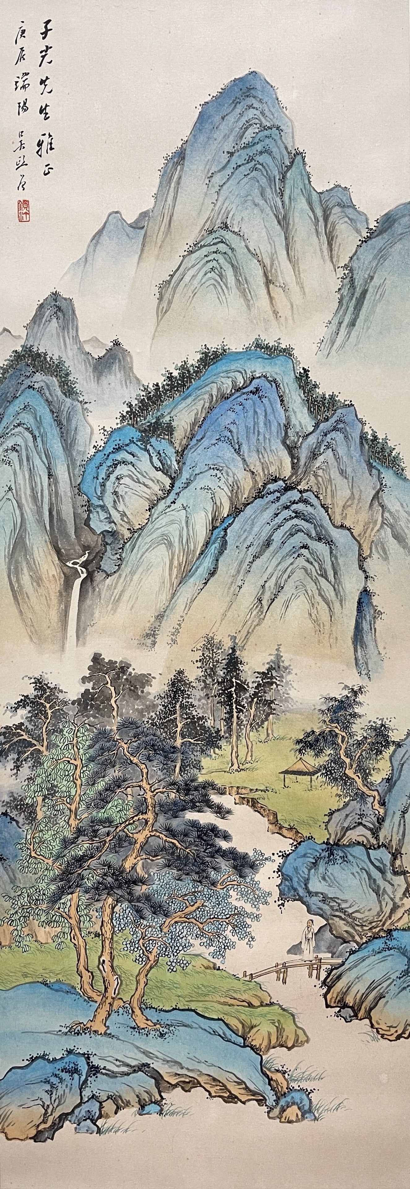 A BLUE?GREEN LANDSCAPE HANGING SCROLL ON PAPER BY WU JINGTING.吳鏡汀: Blue?green landscape hanging scroll on paper by Wu Jingting.吳鏡汀