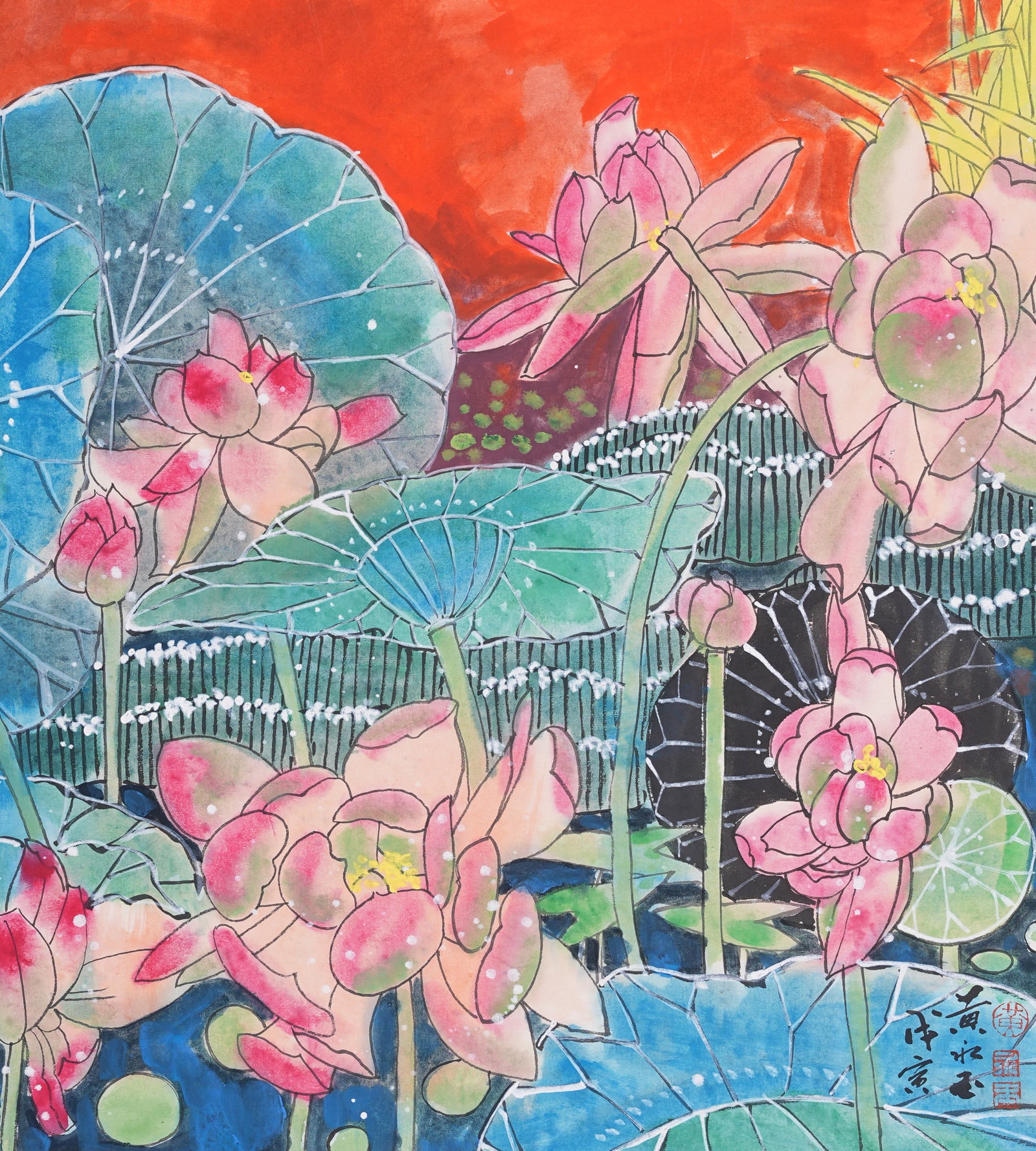 A UNFRAMED LOTUS PAINTING ON PAPER BY HUANG YONGYU.黃永玉 (1 of 9)