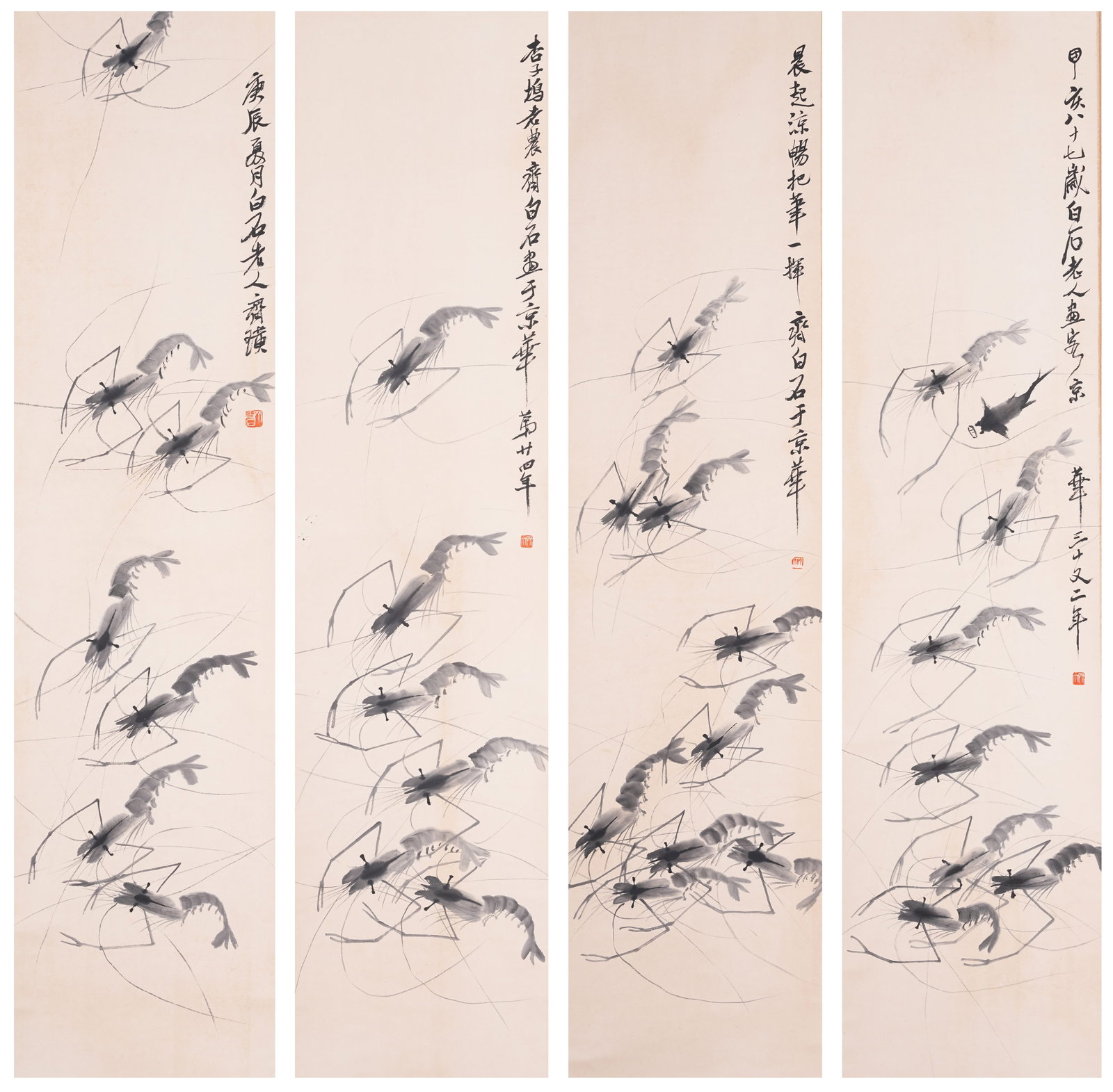 A SHRIMP PAINTINGS ON PAPER BY QI BAISHI (FOUR PIECES).齊白石 (1 of 18)