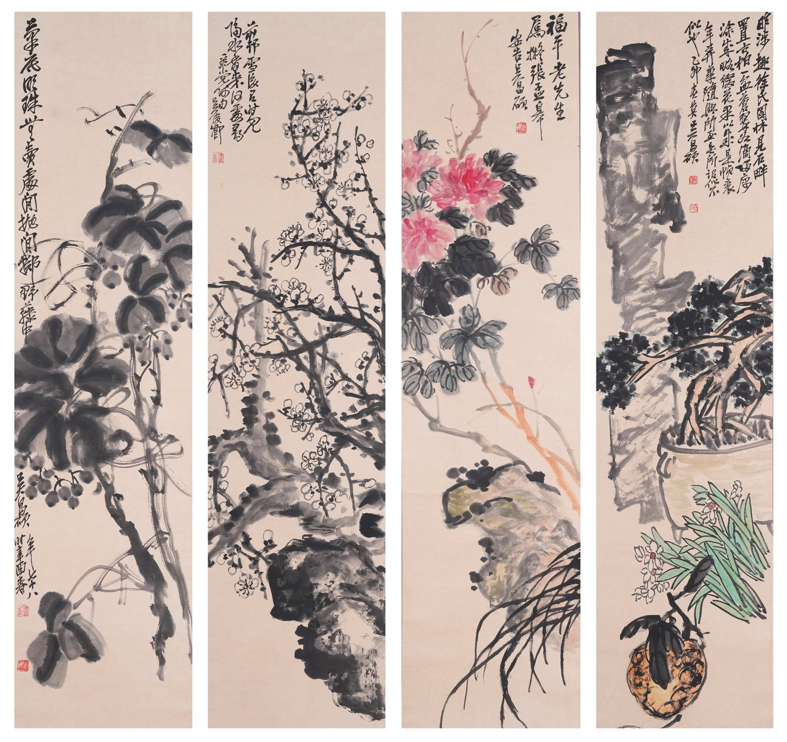 A FOUR FLOWER PAINTINGS ON PAPER BY WU CHANGSHUO.吳昌碩 (1 of 14)