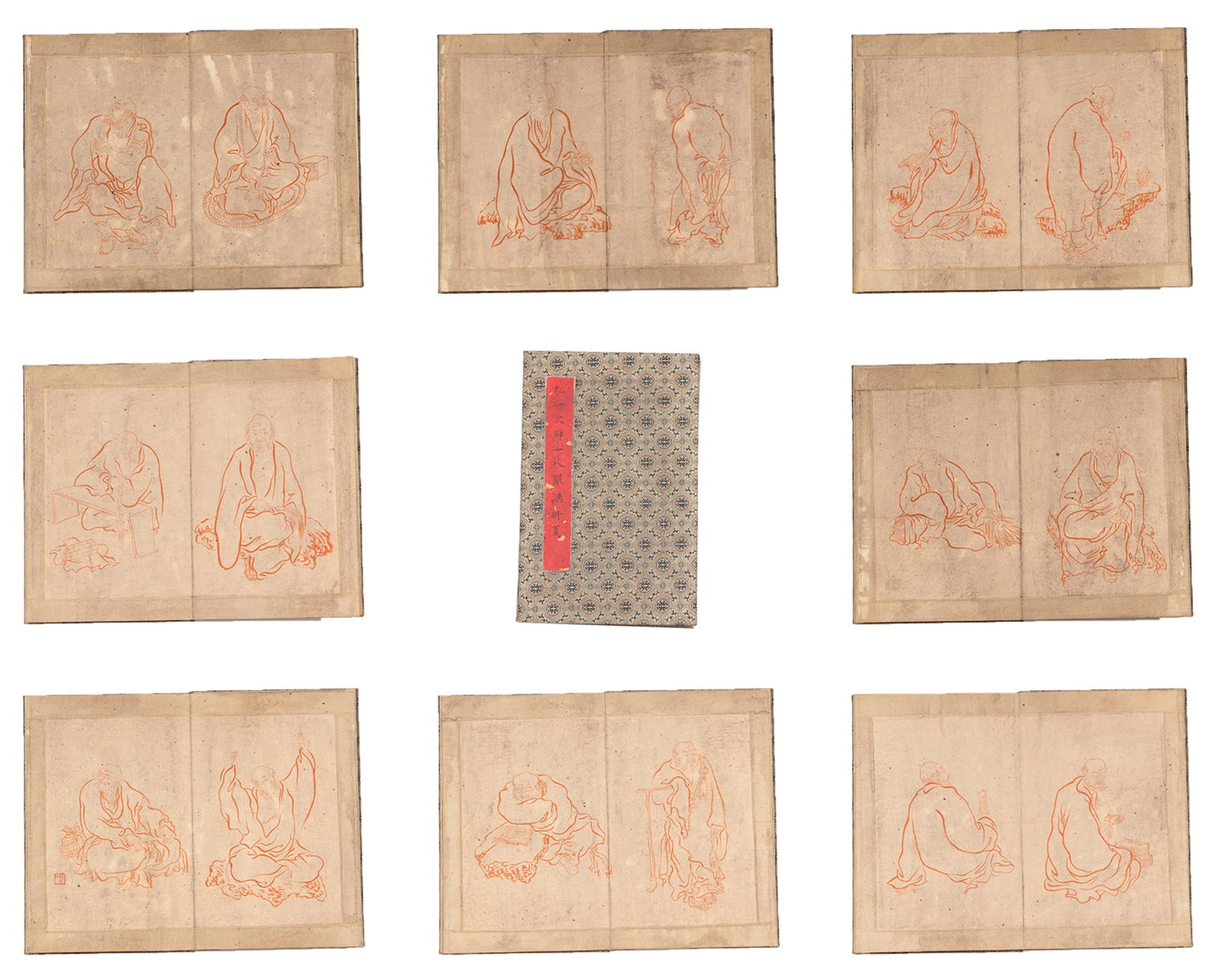 A EIGHTEEN ARHATS PAINTINGS ALBUM ON PAPER BY HONGYI (TEN LEAVES).弘一: Eighteen Arhats Paintings Album on Paper by Hongyi (ten leaves).弘一