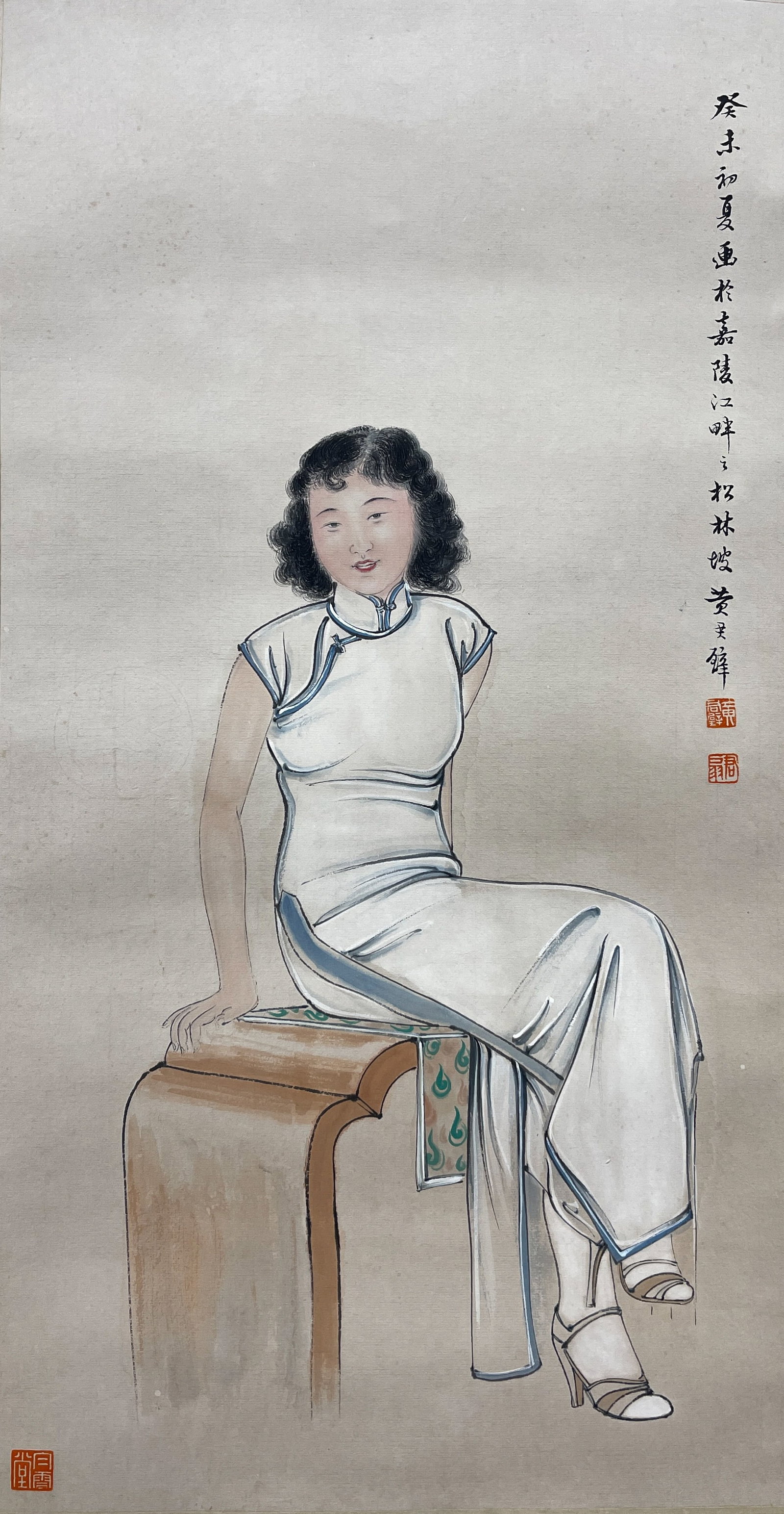 A MODERN?LADY PAINTING HANGING SCROLL ON PAPER BY HUANG JUNBI.黃君璧: Modern?lady painting hanging scroll on paper by Huang Junbi.黃君璧