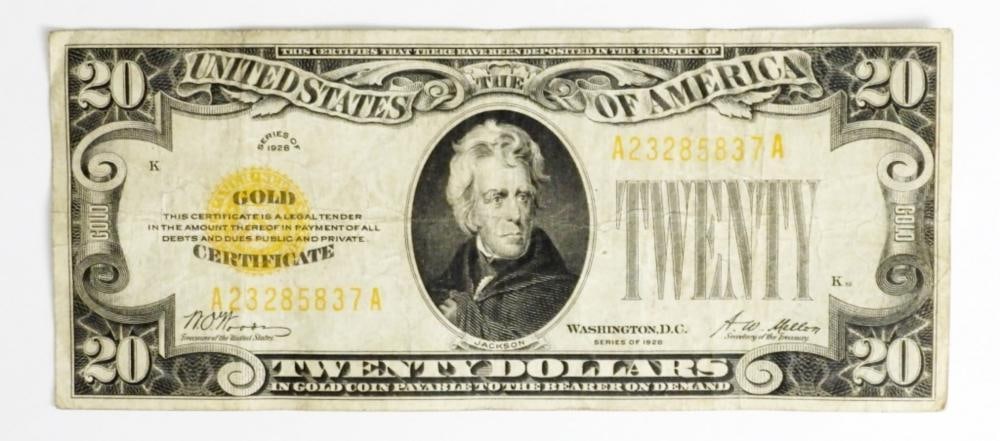 1928 $20 US GOLD CERTIFICATE ,WELL PRESERVED: 1928 $20 US GOLD CERTIFICATE ,WELL PRESERVED