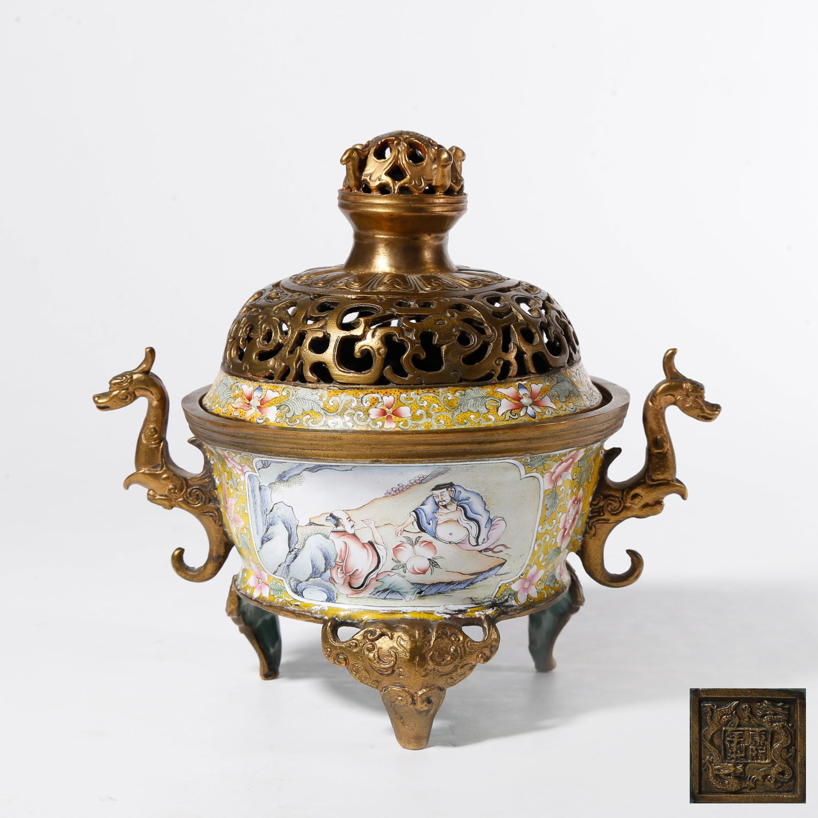A PAINTED ENAMEL ON BRONZE BODY INCENSE BURNER WITH NARRATIVE FIGURE MOTIFS: Painted Enamel on Bronze Body Incense Burner with Narrative Figure Motifs