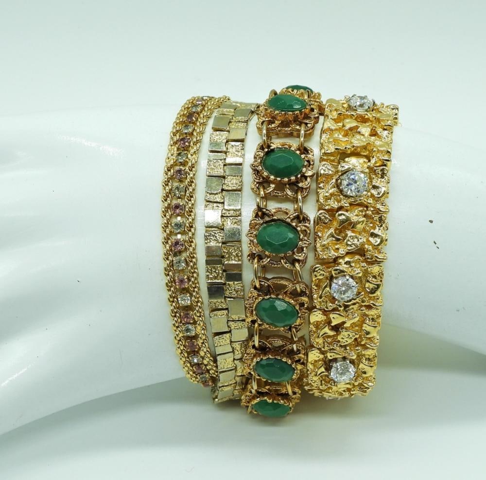 4 GEMSTONE GOLD TONE BRACELETS: 4 GEMSTONE GOLD TONE BRACELETS