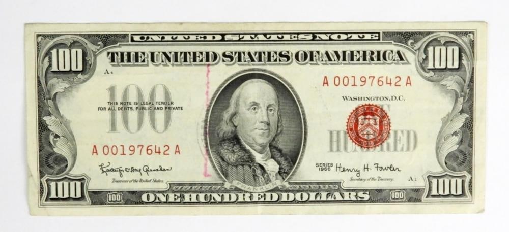 1966 $100 US NOTE, RED SEAL. NICE CIRC: 1966 $100 US NOTE, RED SEAL. NICE CIRC