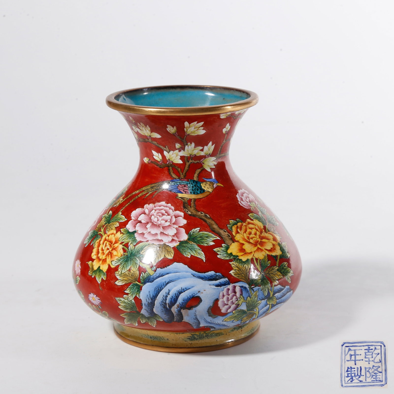 A PAINTED ENAMEL ON BRONZE BODY FLOWER VASE WITH FLOWER?AND?BIRD MOTIFS: Painted Enamel on Bronze Body Flower Vase with Flower?and?Bird Motifs