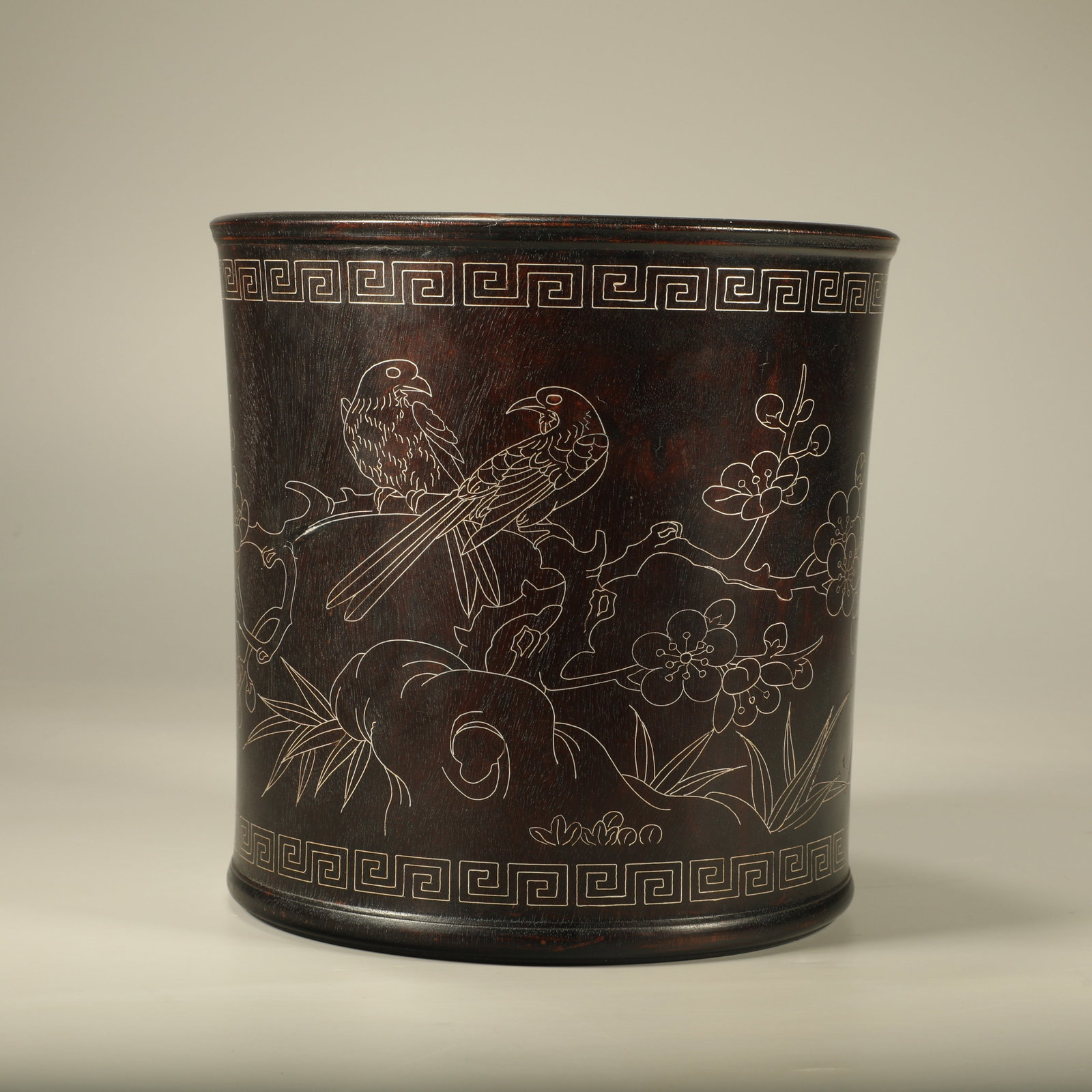 A BRUSH POT INLAID WITH SILVER WIRE OF MAGPIES ON PLUM BLOSSOM ON ZITAN WOOD: Brush Pot Inlaid With Silver Wire Of Magpies On Plum Blossom On Zitan Wood