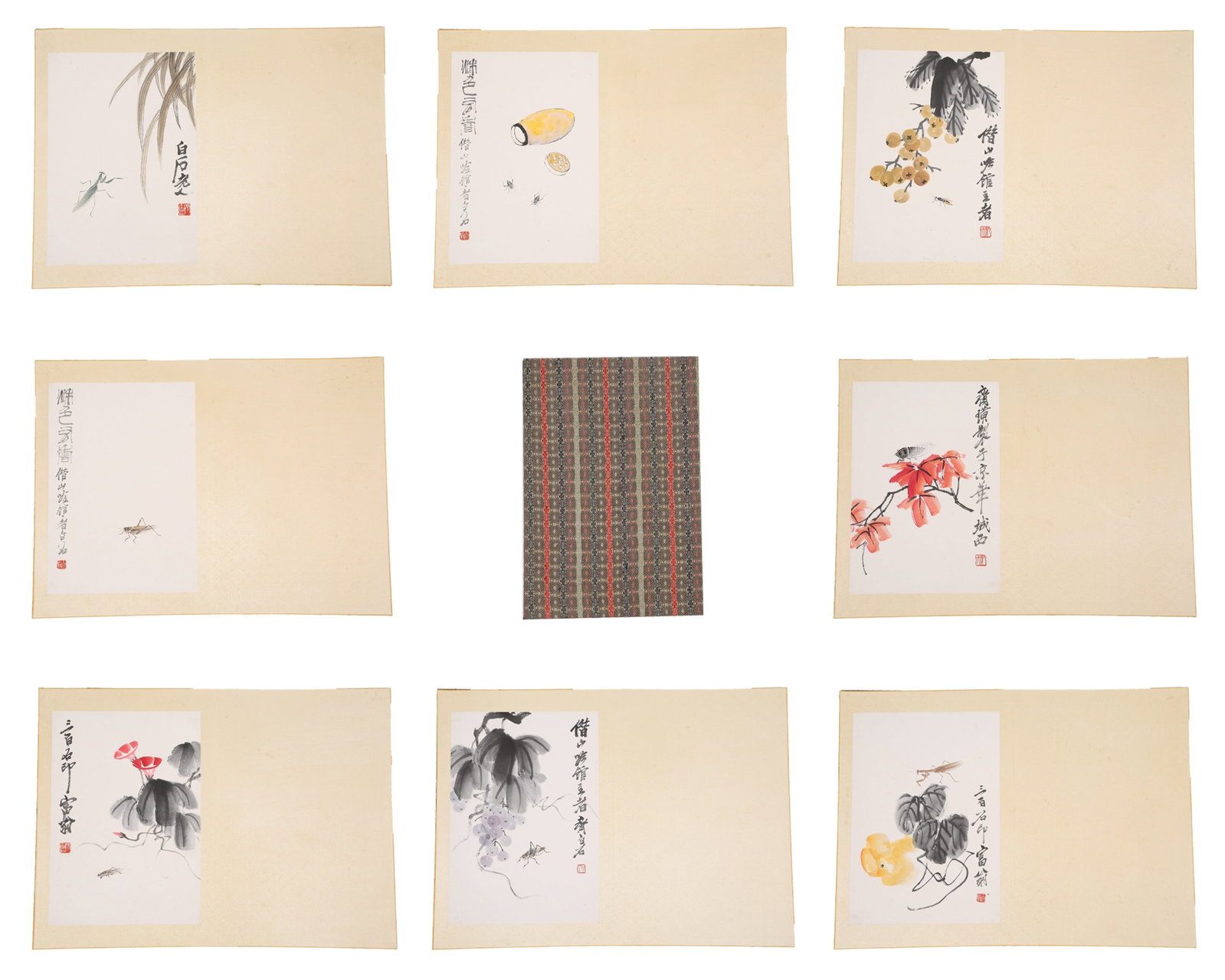 A GRASS AND INSECT PAINTINGS ALBUM LEAVES ON PAPER BY QI BAISHI (8 LEAVES).齊白石: Grass and Insect Paintings Album Leaves on Paper by Qi Baishi (8 leaves).齊白石