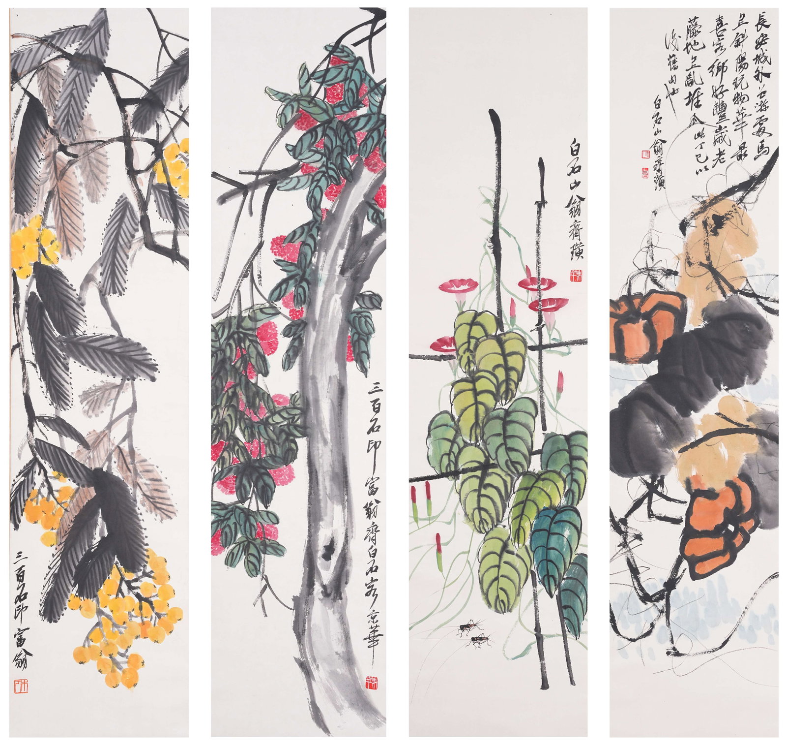 A FRUIT AND VEGETABLE PAINTINGS ON PAPER BY QI BAISHI (FOUR PIECES).齊白石: Fruit and Vegetable Paintings on Paper by Qi Baishi (four pieces).齊白石