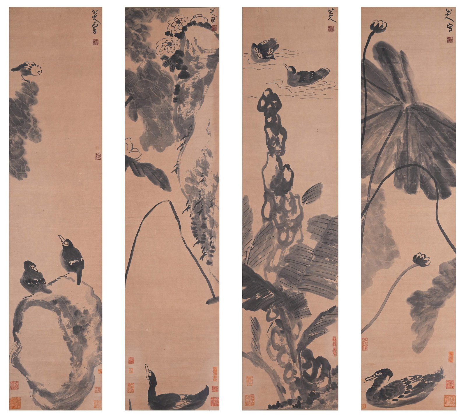 A FOUR FLOWER-AND-BIRD PAINTINGS ON PAPER BY BADA SHANREN.八大山人 (1 of 14)