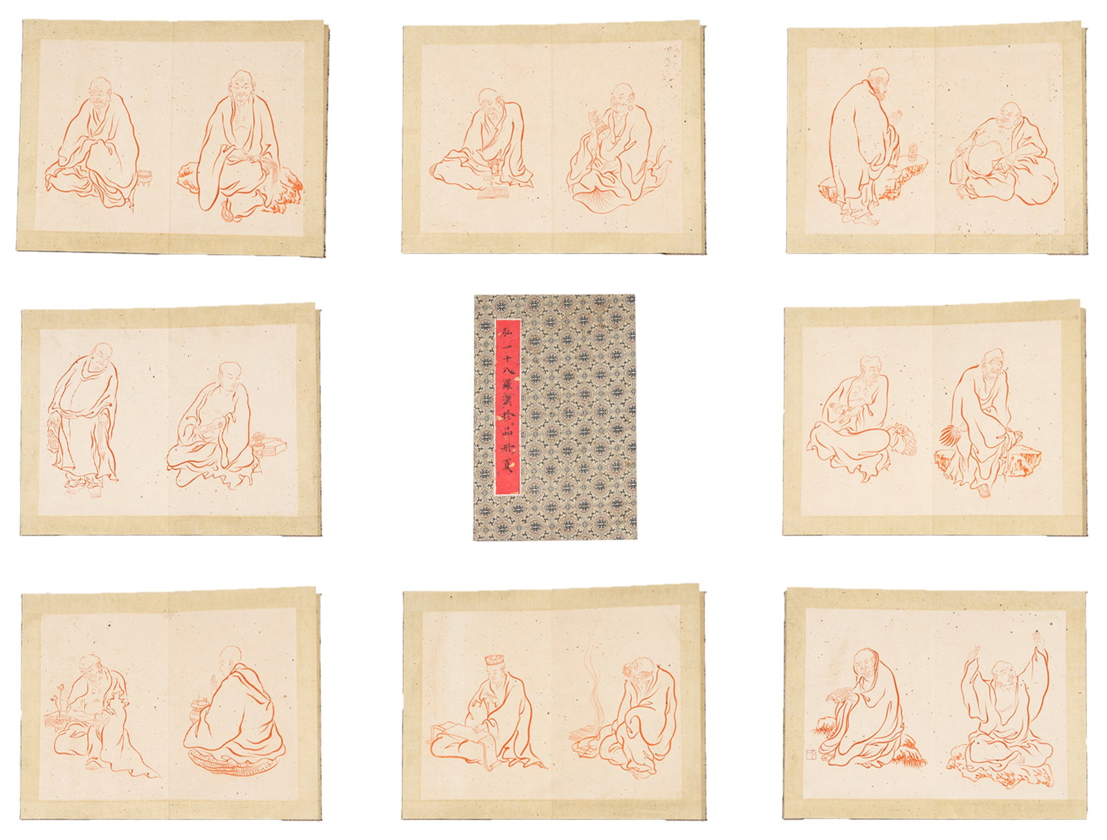 A EIGHTEEN ARHATS PAINTINGS ALBUM ON PAPER BY HONGYI (TEN LEAVES).弘一: Eighteen Arhats Paintings Album on Paper by Hongyi (ten leaves).弘一