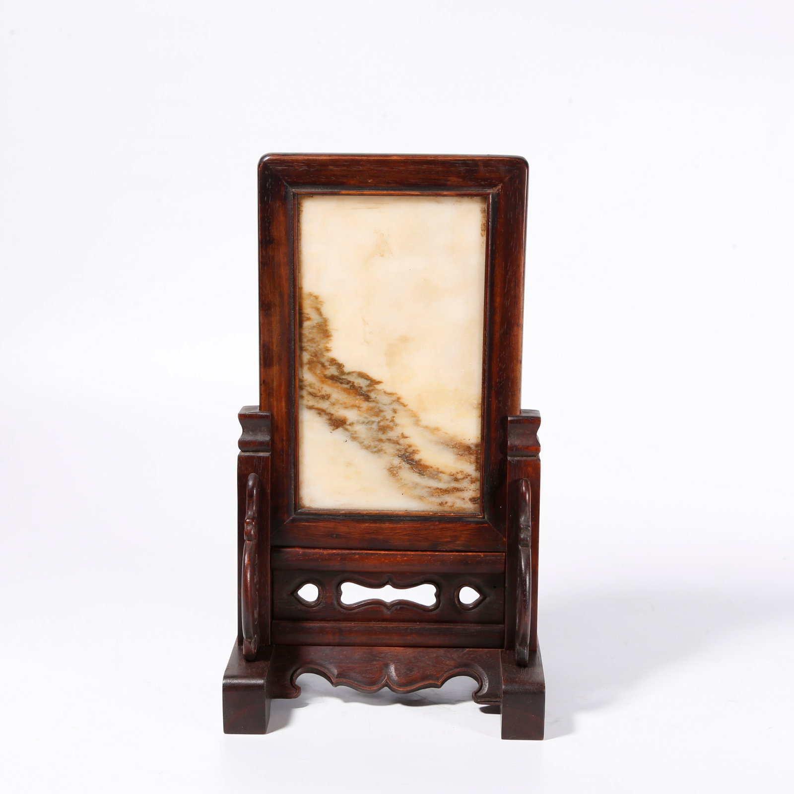 A MARBLE?INLAID TABLE SCREEN IN ZITAN WOOD: Marble?inlaid table screen in zitan wood