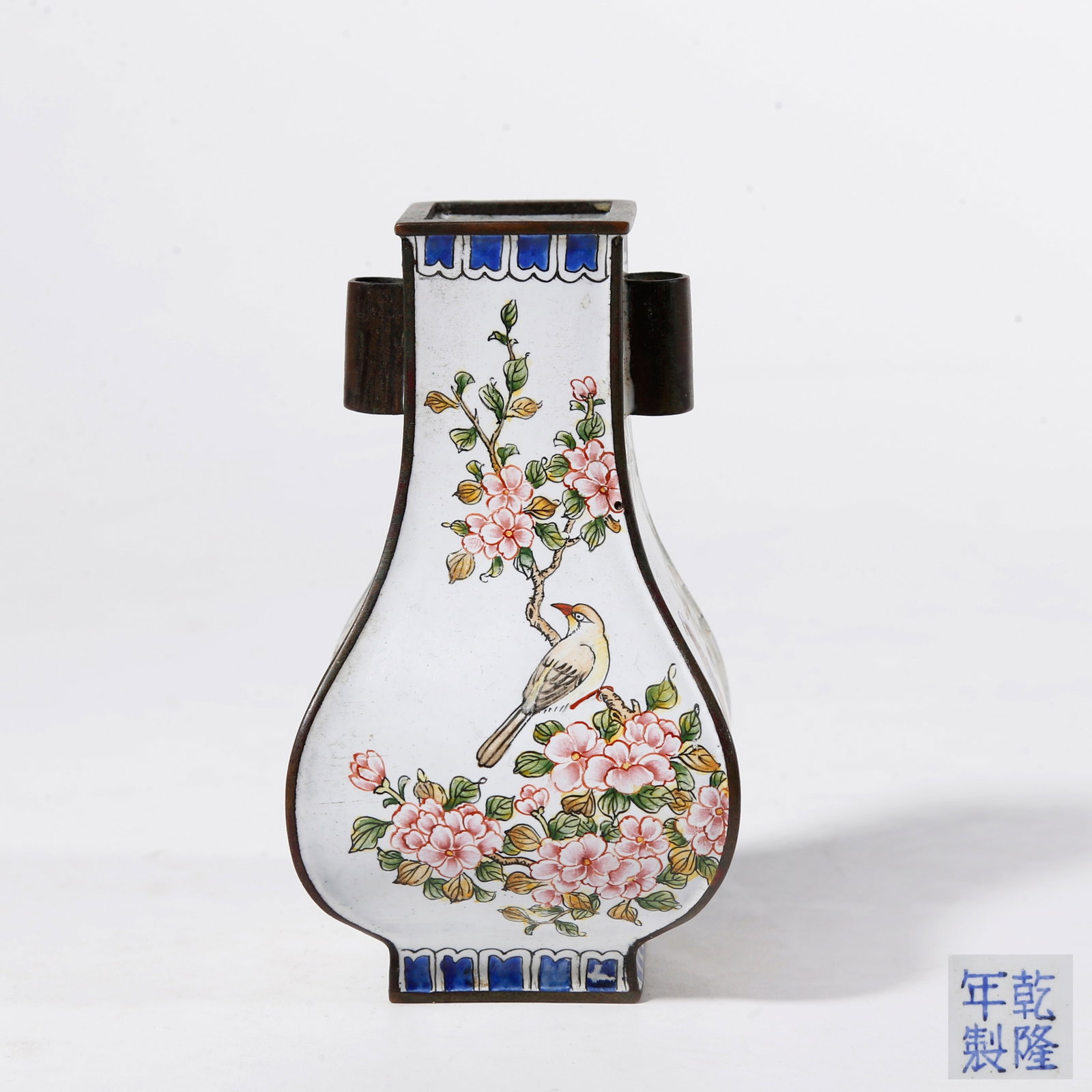 A PAINTED ENAMEL ON BRONZE BODY DOUBLE PIERCED?EAR VASE WITH ROCK?GARDEN FLOWER?AND?BIRD MOTIFS: Painted Enamel on Bronze Body Double Pierced?Ear Vase with Rock?Garden Flower?and?Bird Motifs