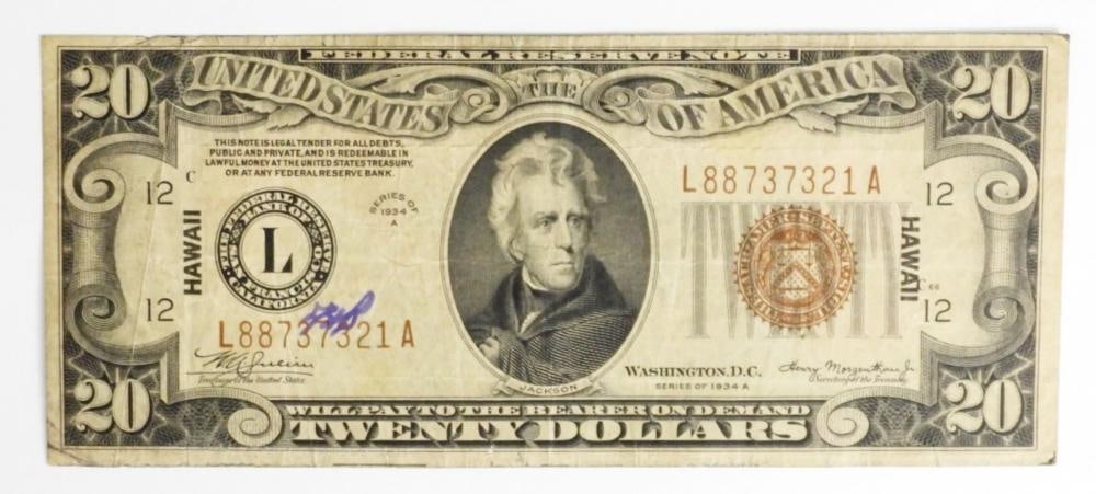 1934-A $20 US HAWAII FEDERAL RESERVE NOTE: 1934-A $20 US HAWAII FEDERAL RESERVE NOTE