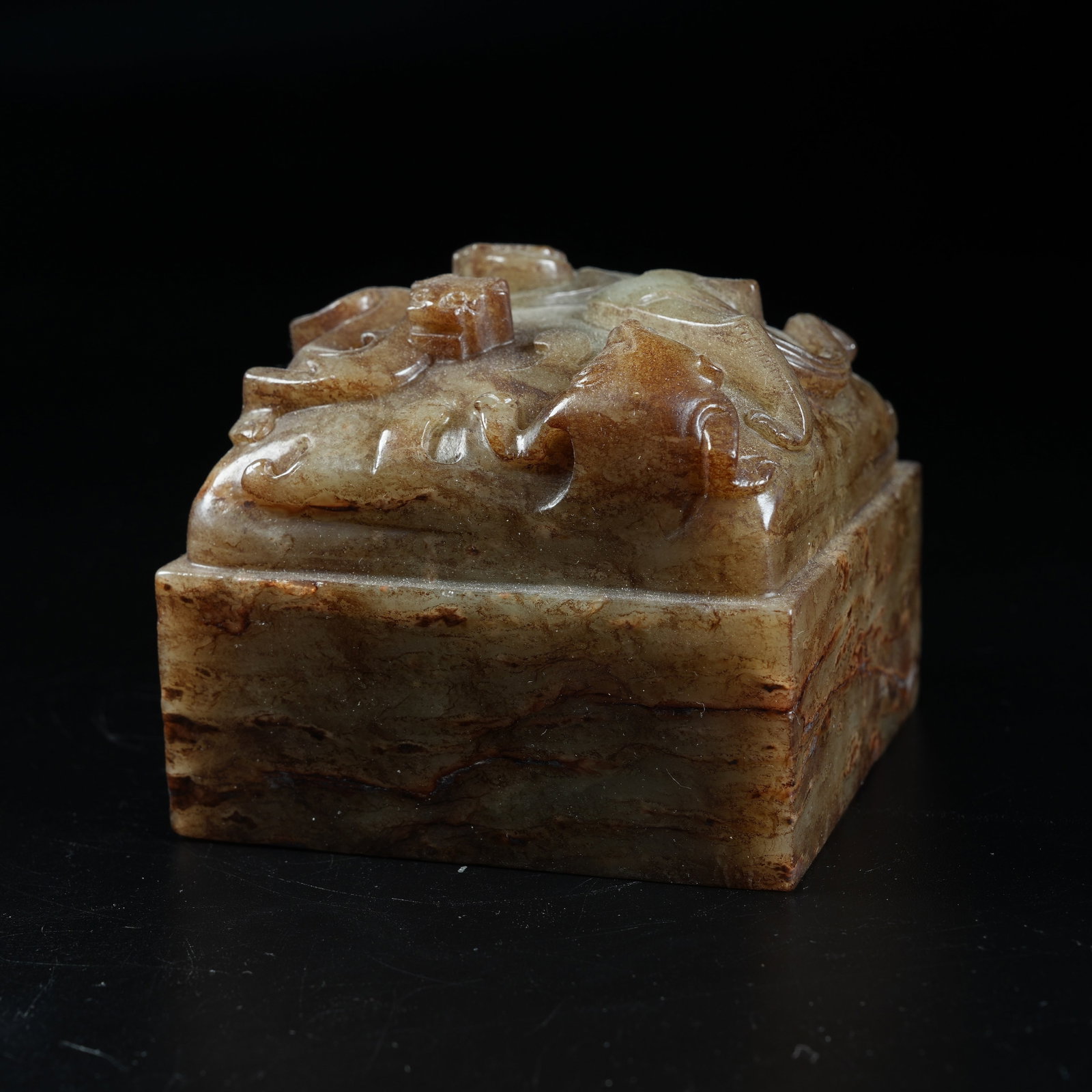 A ANCIENT JADE SEAL WITH CHI DRAGON KNOB: Ancient Jade Seal with Chi Dragon Knob