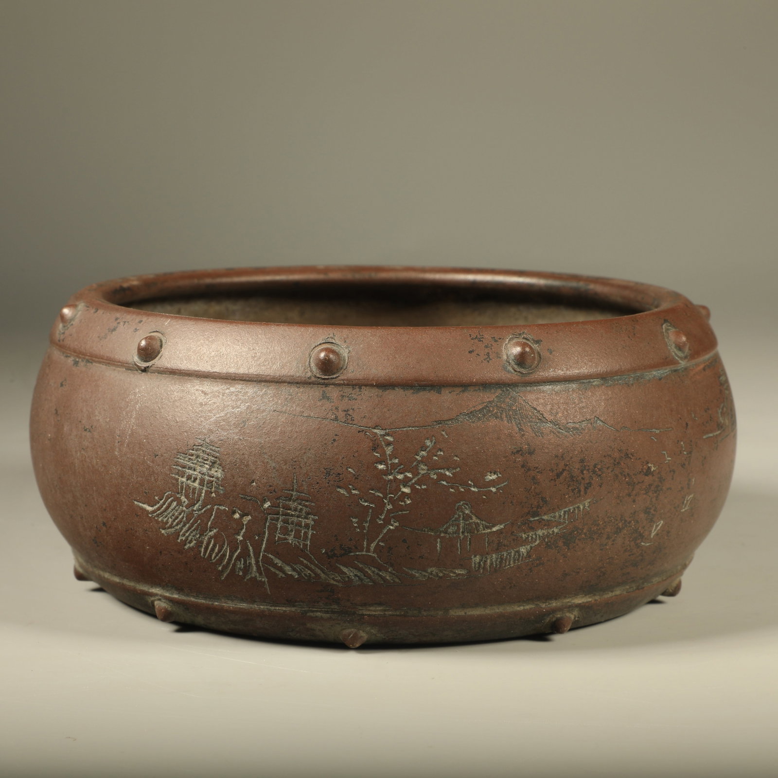 A DRUM?SHAPED YIXING ZISHA WASHER CARVED WITH LANDSCAPES AND INSCRIBED VERSES (1 of 6)