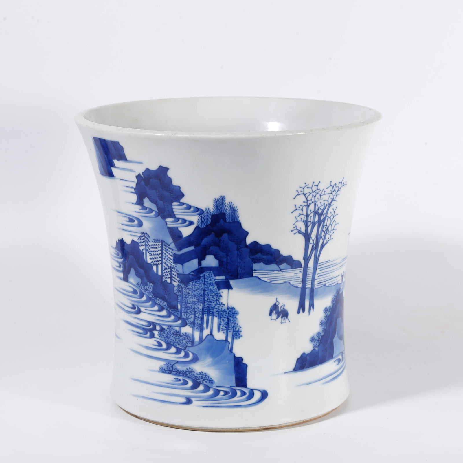 A BLUE AND WHITE BRUSH POT WITH LANDSCAPE AND FIGURE MOTIF: Blue and white brush pot with landscape and figure motif