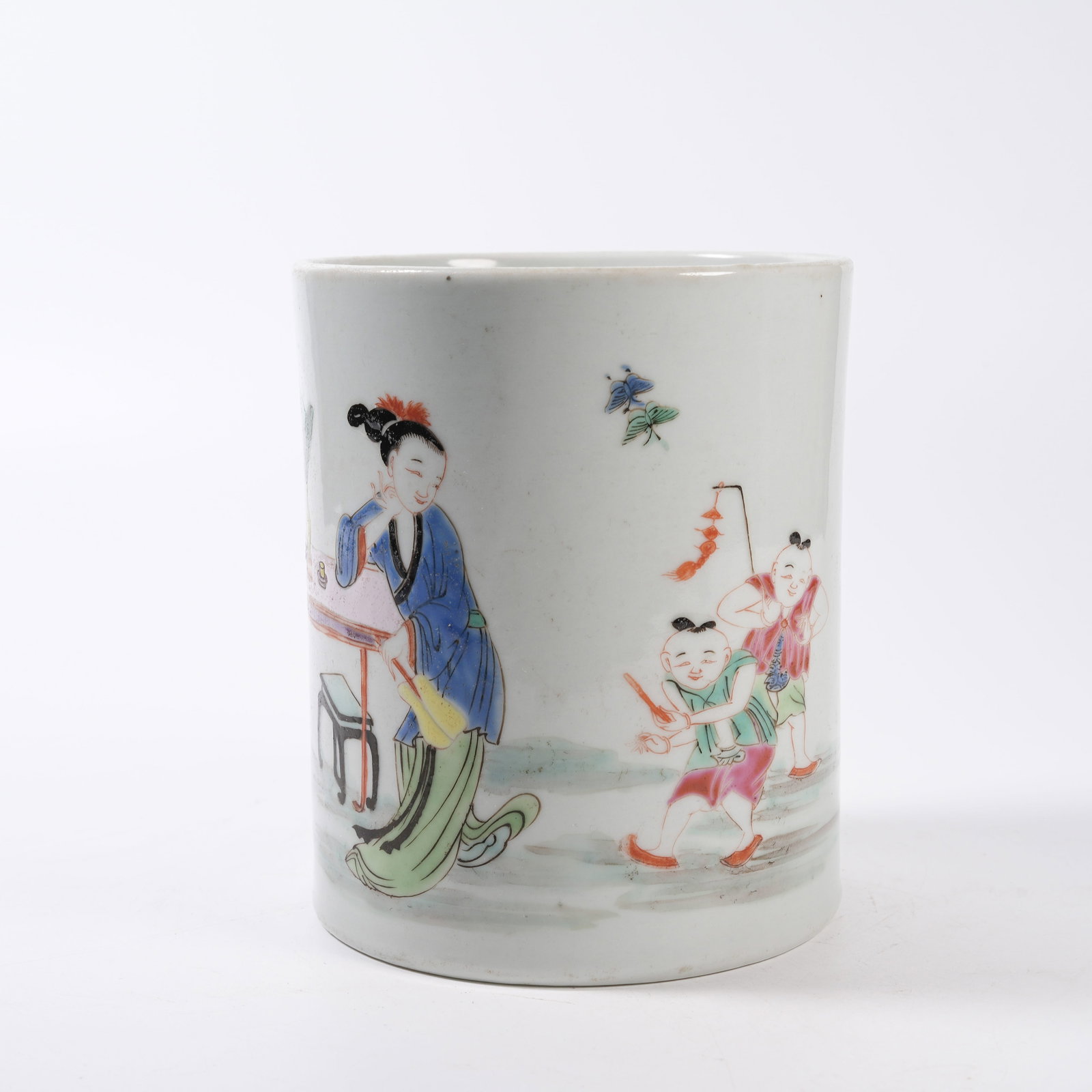 A WUCAI BRUSH POT WITH CHILDREN EDUCATION SCENE: Wucai Brush Pot with Children Education Scene