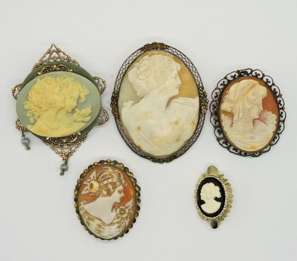 5 VINTAGE CAMEO BROOCHES: 5 VINTAGE CAMEO BROOCHES