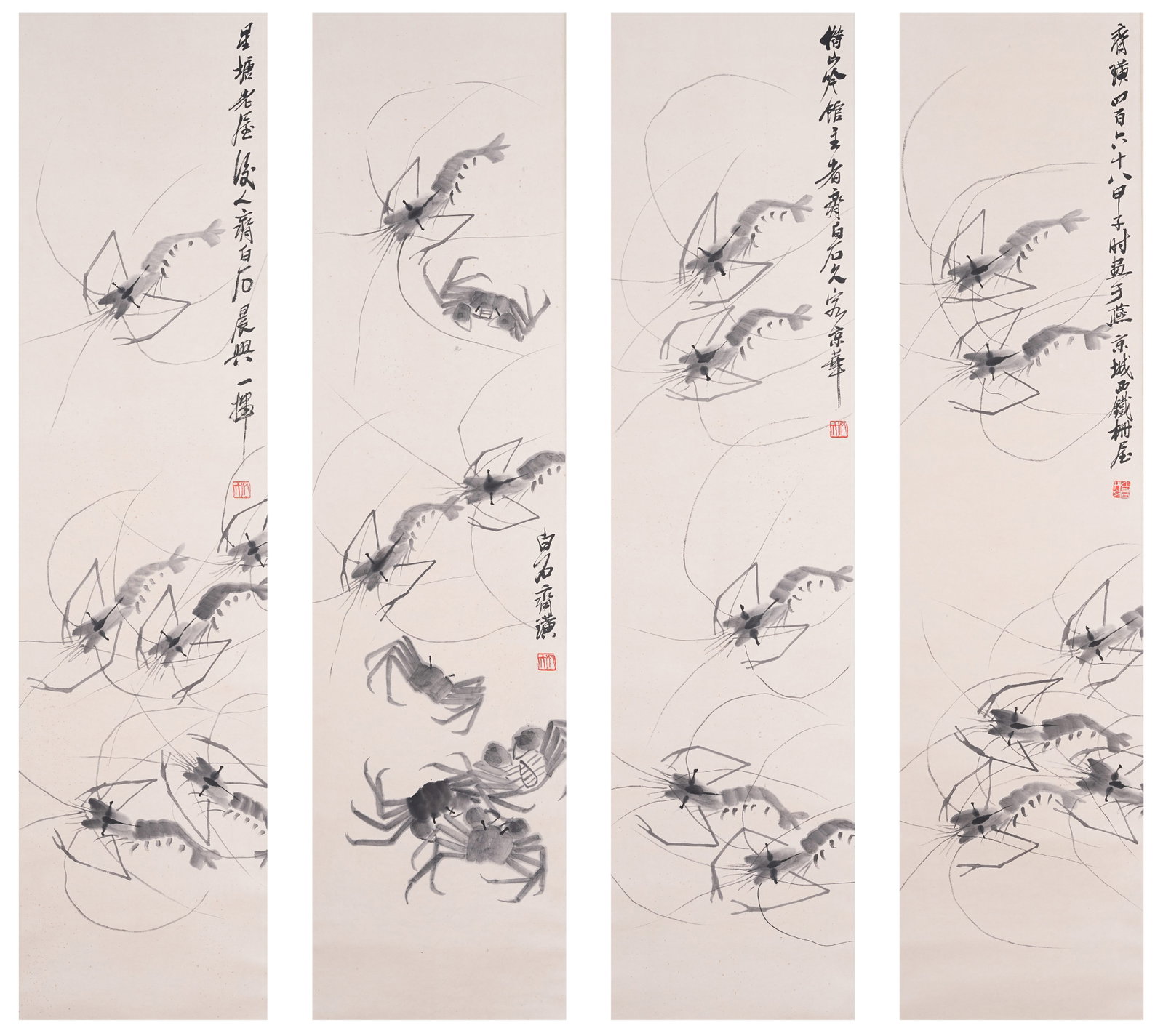 A SHRIMP AND CRAB PAINTINGS ON PAPER BY QI BAISHI (FOUR PIECES).齊白石 (1 of 17)