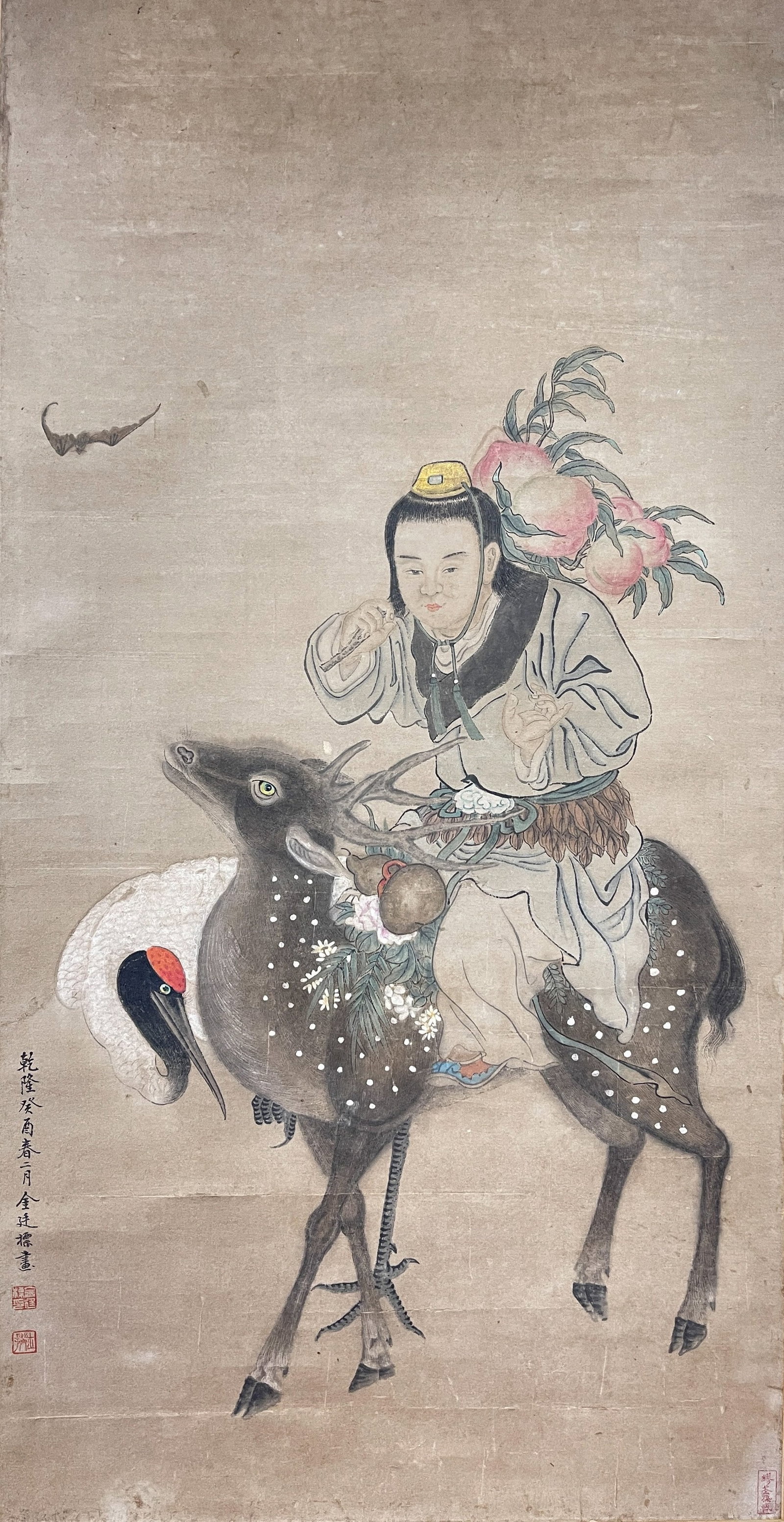 A FU?LU?SHOU FIGURE PAINTING HANGING SCROLL ON PAPER BY JIN TINGBIAO.金廷標: Fu?Lu?Shou figure painting hanging scroll on paper by Jin Tingbiao.金廷標