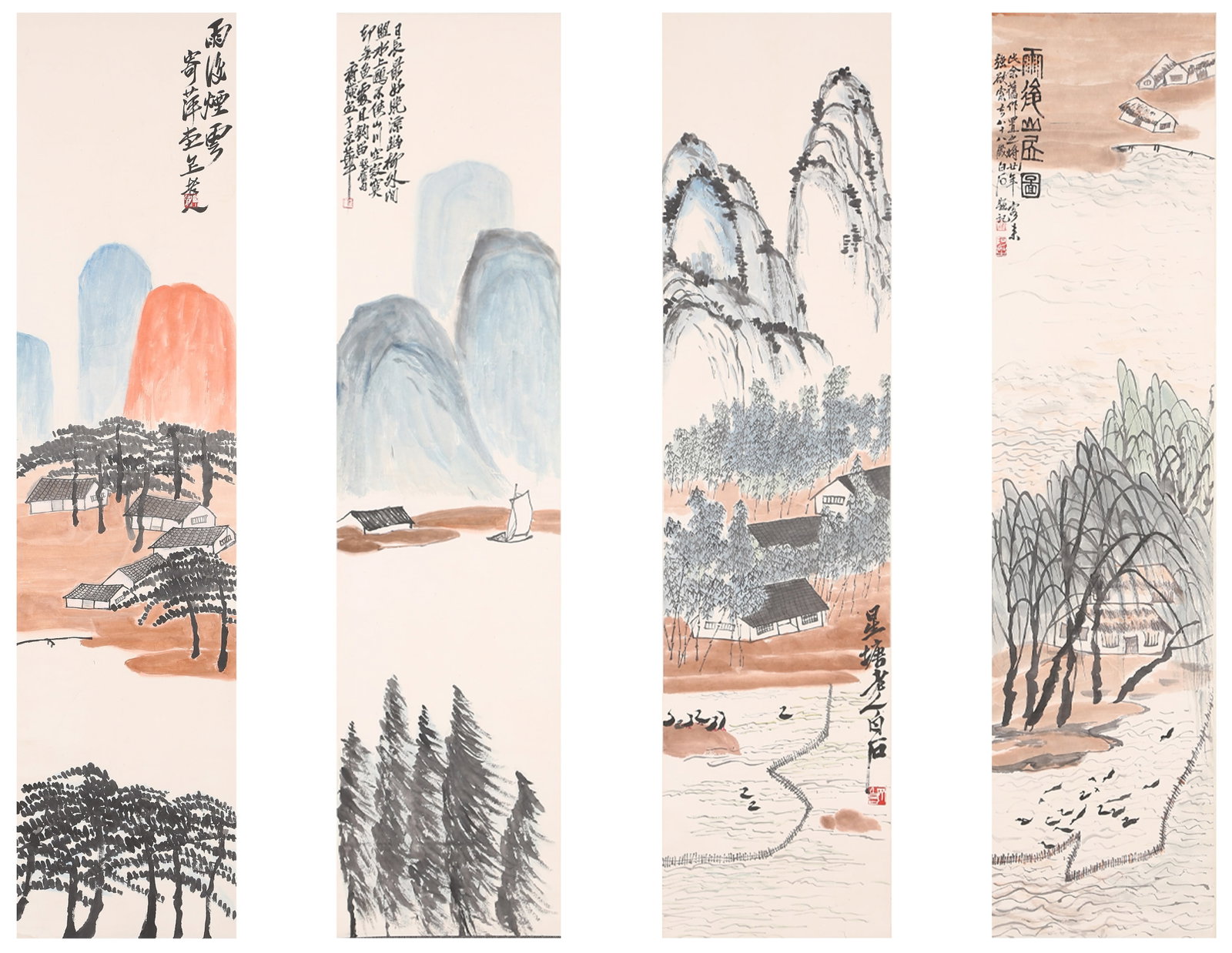A LANDSCAPE PAINTINGS ON PAPER BY QI BAISHI (4 PIECES).齊白石 (1 of 13)