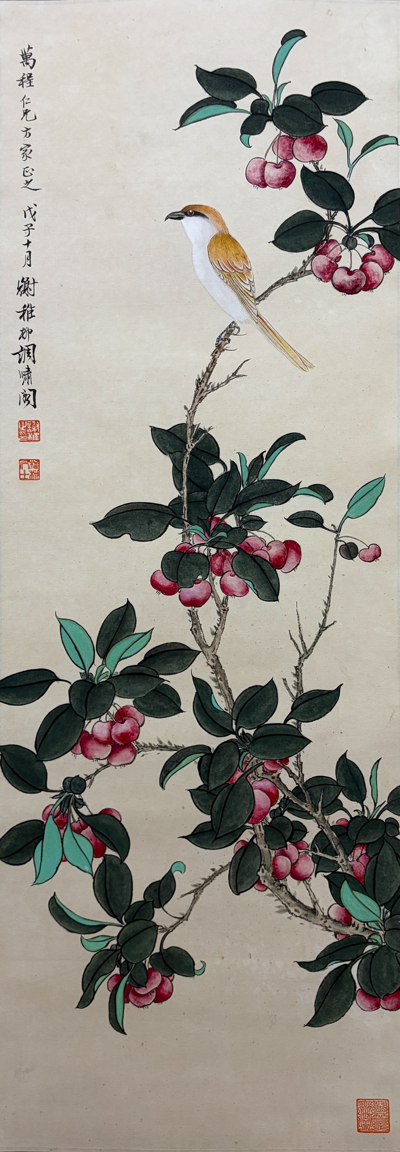 A FINE?BRUSH FLOWER?AND?BIRD PAINTING HANGING SCROLL ON PAPER BY XIE ZHILIU.謝稚柳: Fine?brush flower?and?bird painting hanging scroll on paper by Xie Zhiliu.謝稚柳