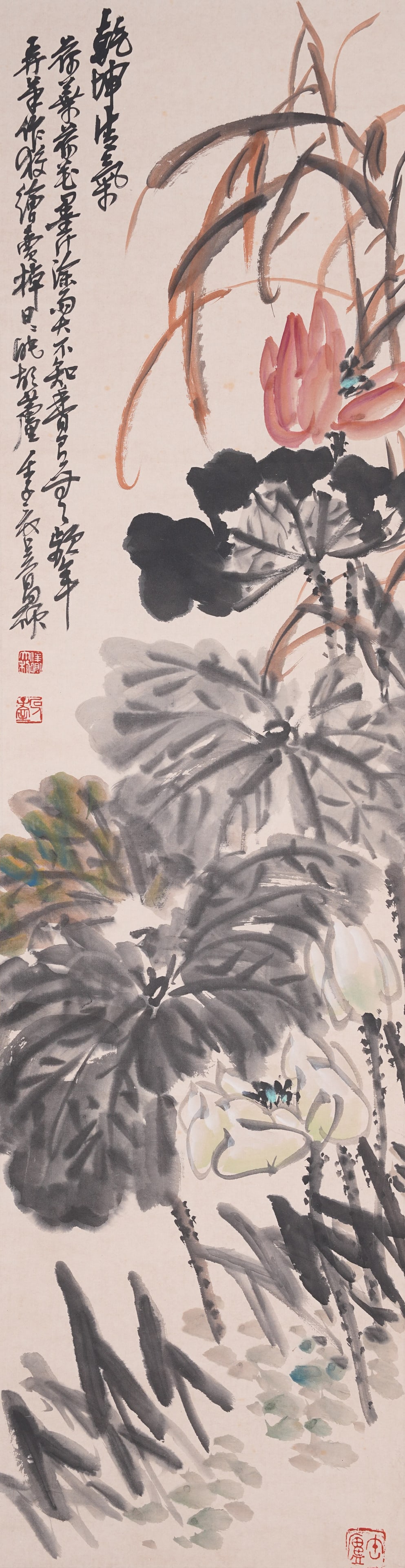 A FLOWER PAINTING ON PAPER BY WU CHANGSHUO.吳昌碩: Flower Painting on Paper by Wu Changshuo.吳昌碩
