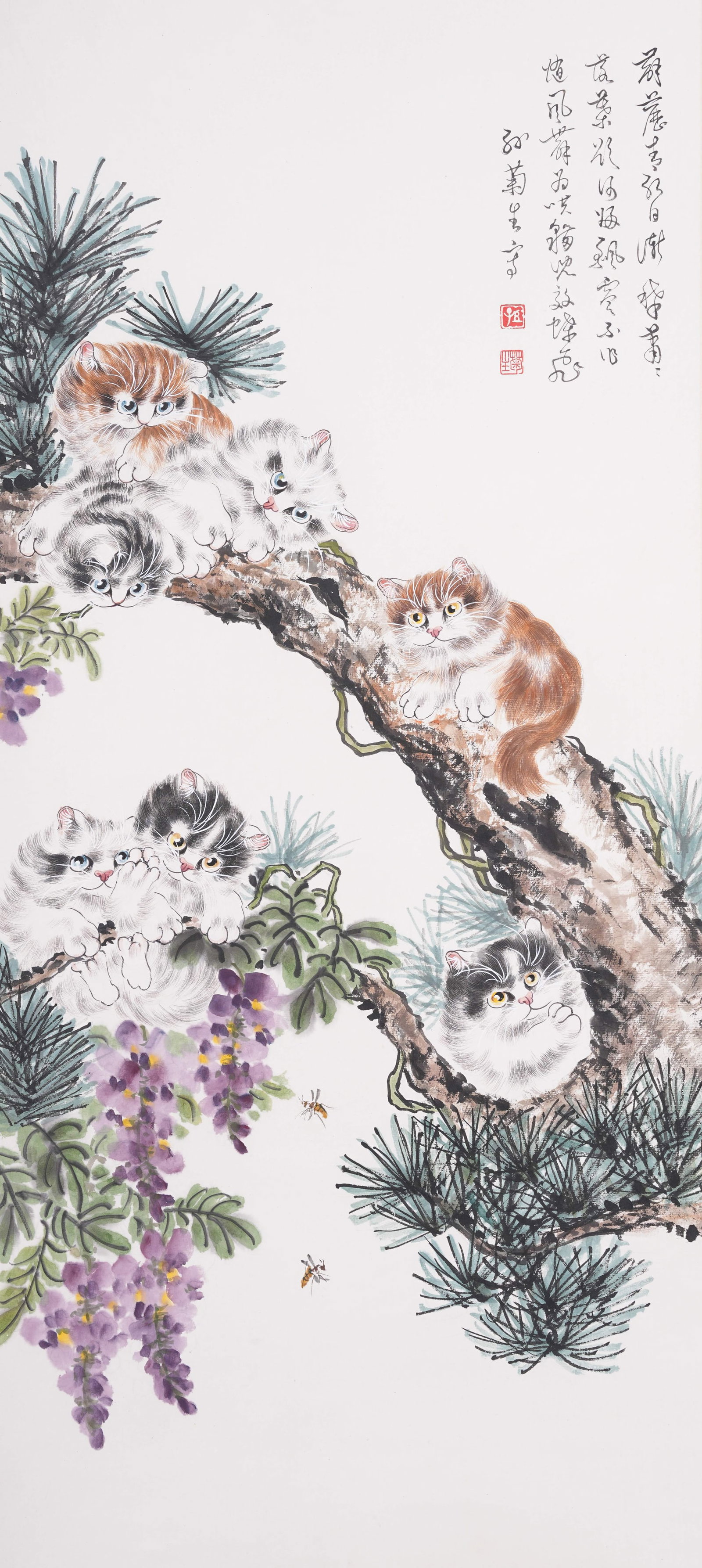 A CATS AMUSEMENT PAINTING ON PAPER BY SUN JUSHENG.孫菊生: Cats Amusement Painting on Paper by Sun Jusheng.孫菊生