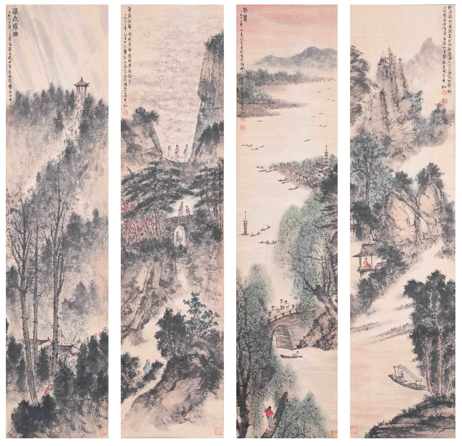 A LANDSCAPE PAINTINGS ON PAPER BY FU BAOSHI (FOUR PIECES).傅抱石: Landscape Paintings on Paper by Fu Baoshi (four pieces).傅抱石