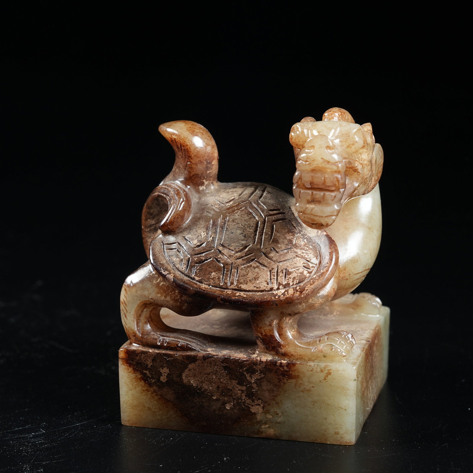 A ANCIENT JADE SEAL WITH DRAGON-TORTOISE KNOB: Ancient Jade Seal with Dragon-Tortoise Knob