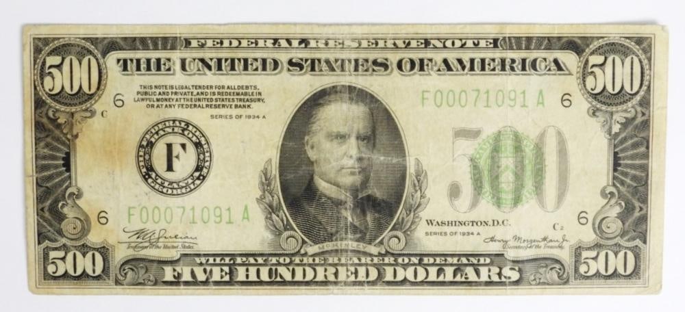 1934 A US $500 FEDERAL RESERVE NOTE CIRC: 1934 A US $500 FEDERAL RESERVE NOTE CIRC