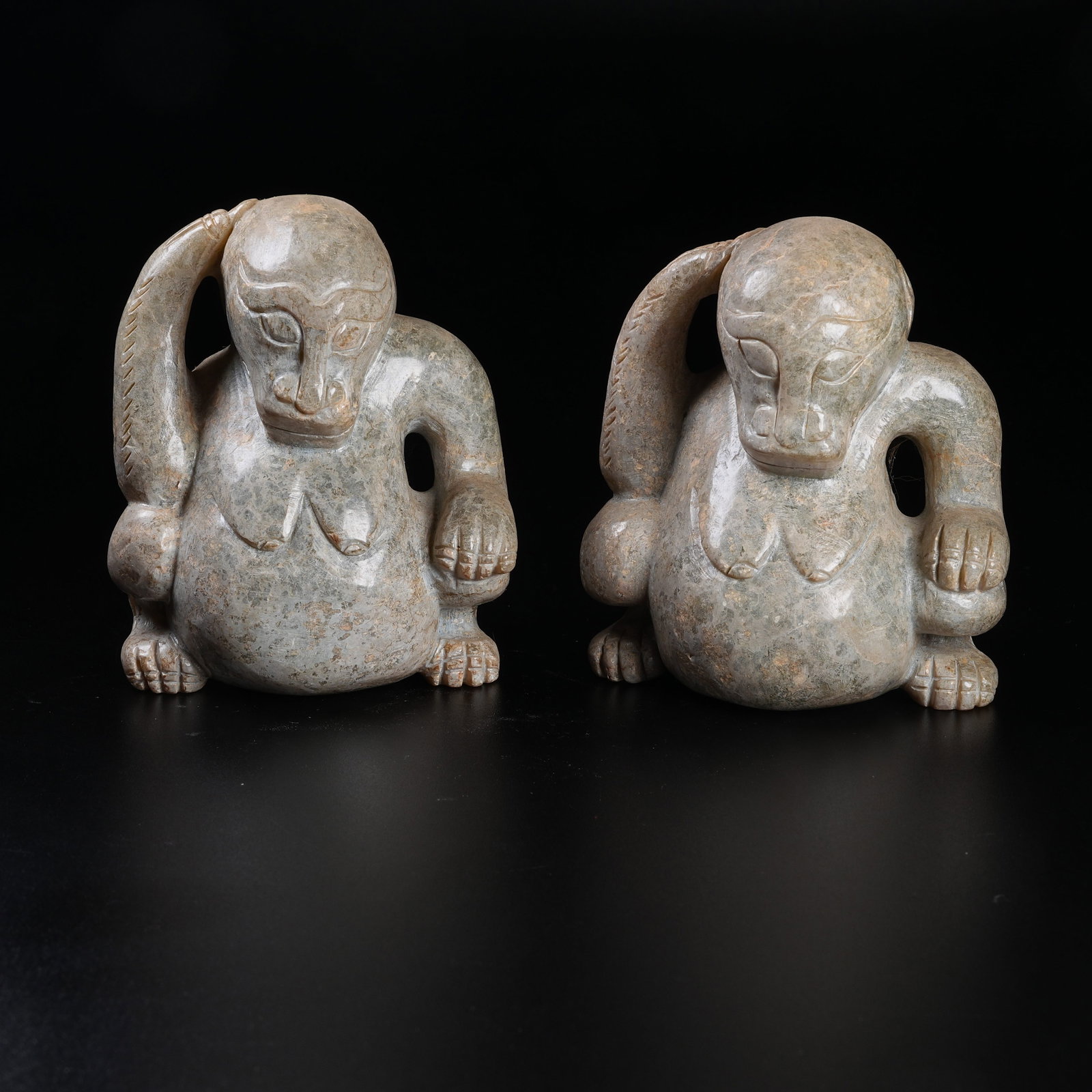 A SET OF ARCHAIC JADE DIVINE BEAST ORNAMENTS: Set of Archaic Jade Divine Beast Ornaments