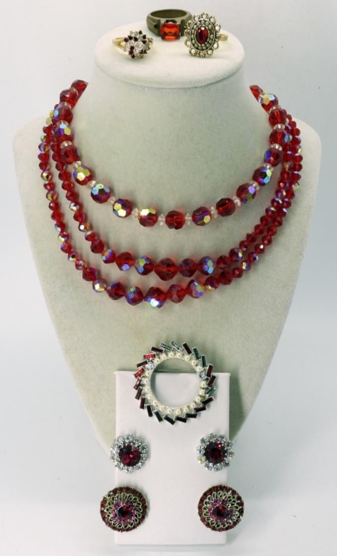VTG RED CRYSTAL & RHINESTONE LOT (1 of 4)