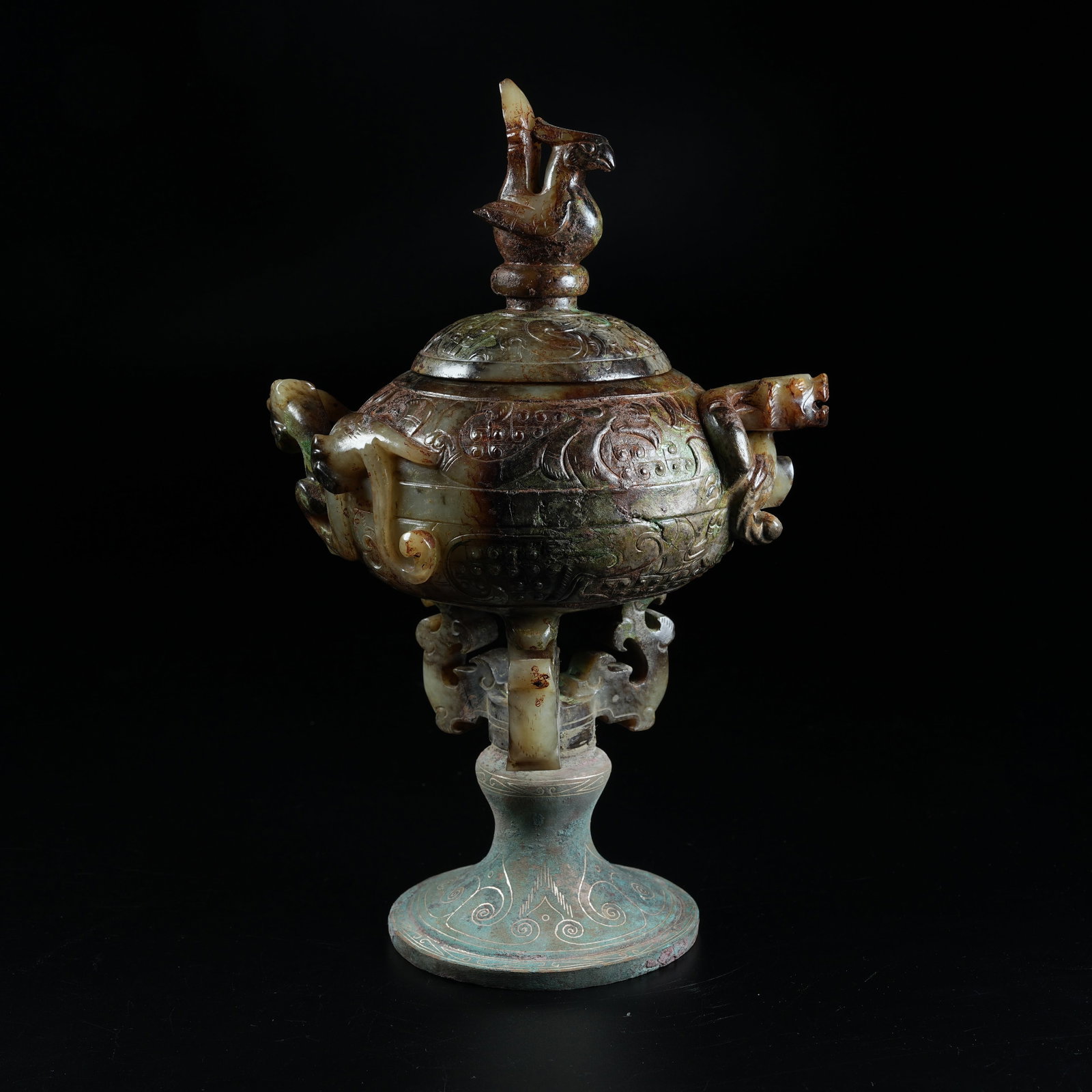 A ANCIENT JADE INCENSE BURNER WITH PHOENIX KNOB INLAID WITH GOLD AND SILVER BRONZE (1 of 9)