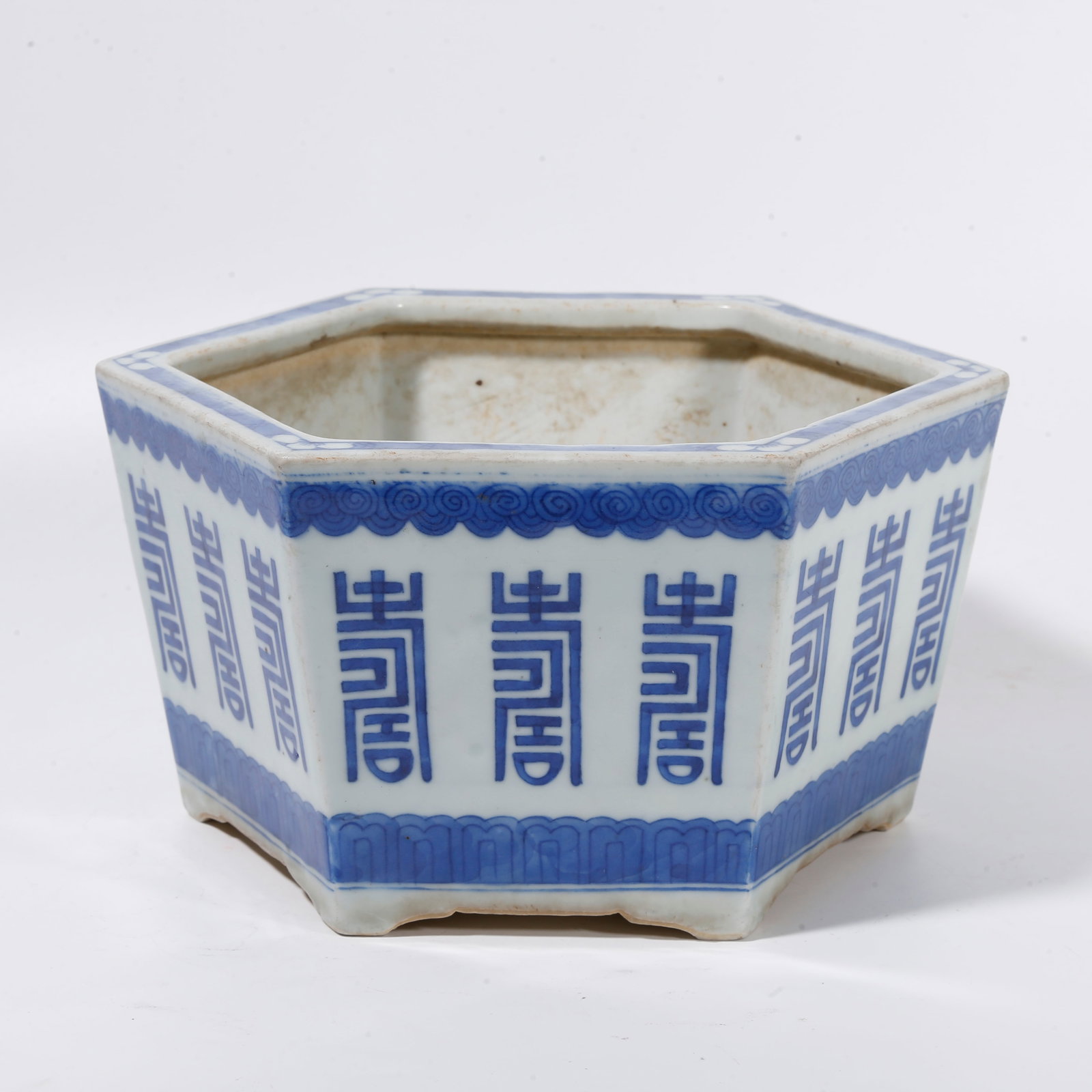 A HEXAGONAL FLOWER POT WITH BLUE?AND?WHITE CHARACTER "SHOU" MOTIF (1 of 9)