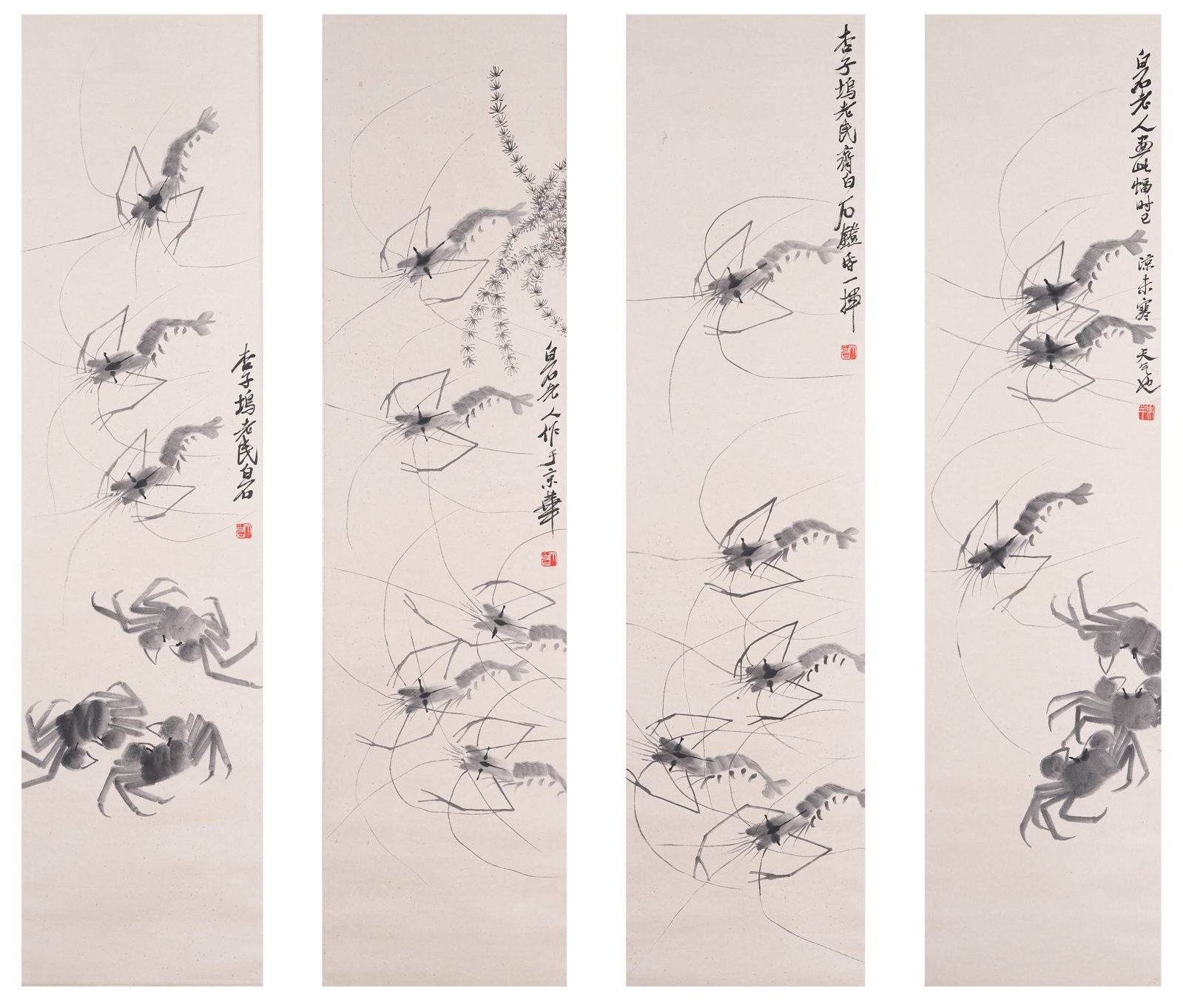 A SHRIMP AND CRAB PAINTINGS ON PAPER BY QI BAISHI (FOUR PIECES).齊白石: Shrimp and Crab Paintings on Paper by Qi Baishi (four pieces).齊白石