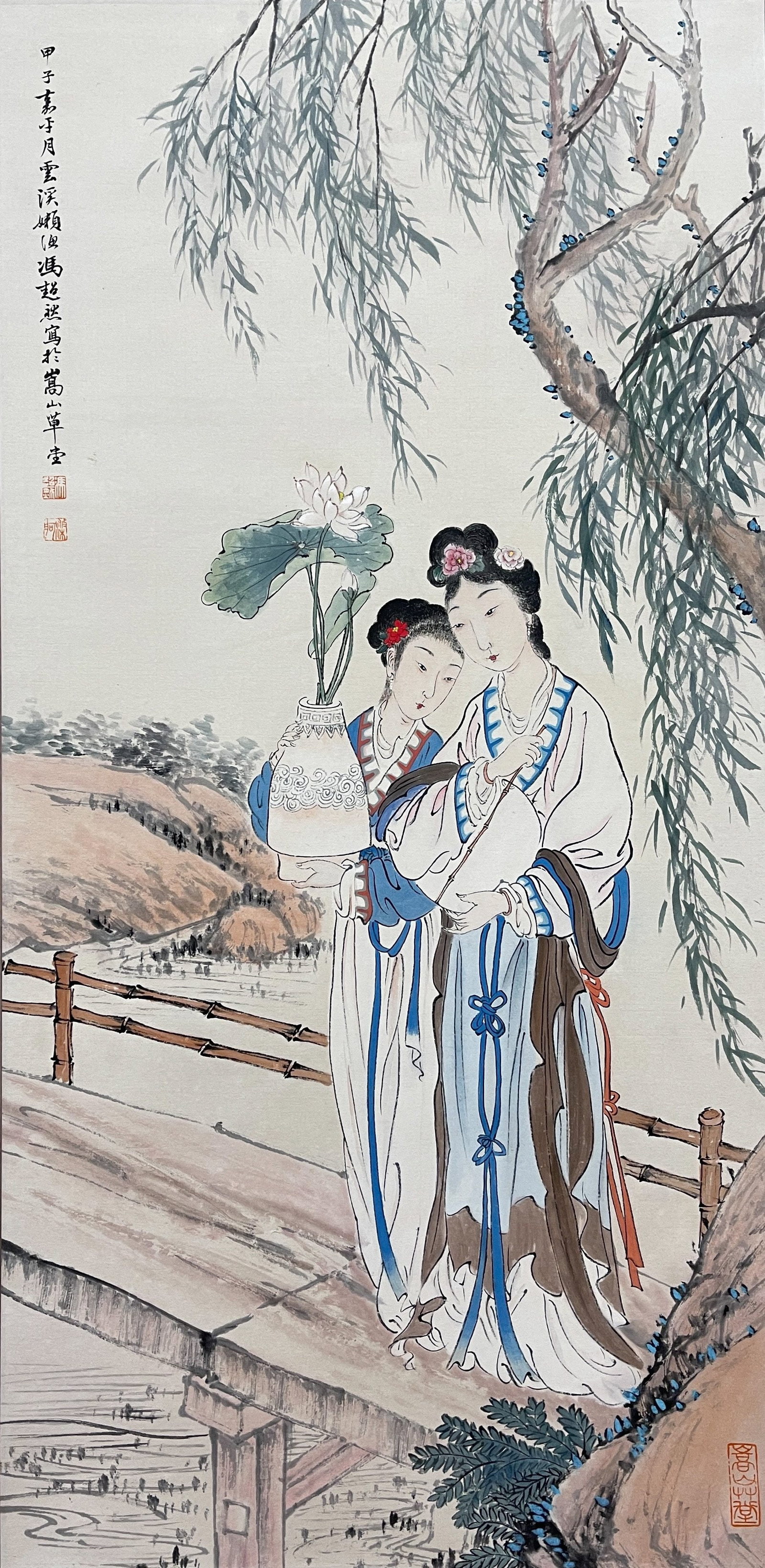 A LADY UNDER WILLOW?SHADE PAINTING HANGING SCROLL ON PAPER BY FENG CHAORAN.馮超然: Lady under willow?shade painting hanging scroll on paper by Feng Chaoran.馮超然