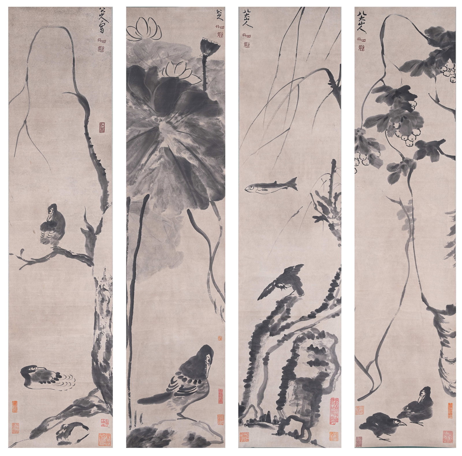 A FLOWER AND BIRD PAINTINGS ON PAPER BY BADA SHANREN (FOUR PIECES).八大山人: Flower and Bird Paintings on Paper by Bada Shanren (four pieces).八大山人