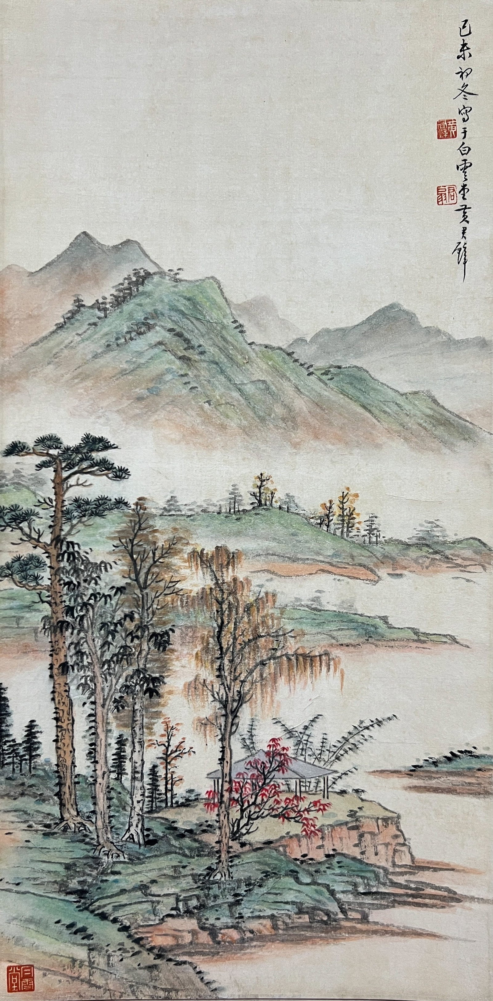 A LANDSCAPE PAINTING HANGING SCROLL ON PAPER BY HUANG JUNBI.黃君璧: Landscape painting hanging scroll on paper by Huang Junbi.黃君璧